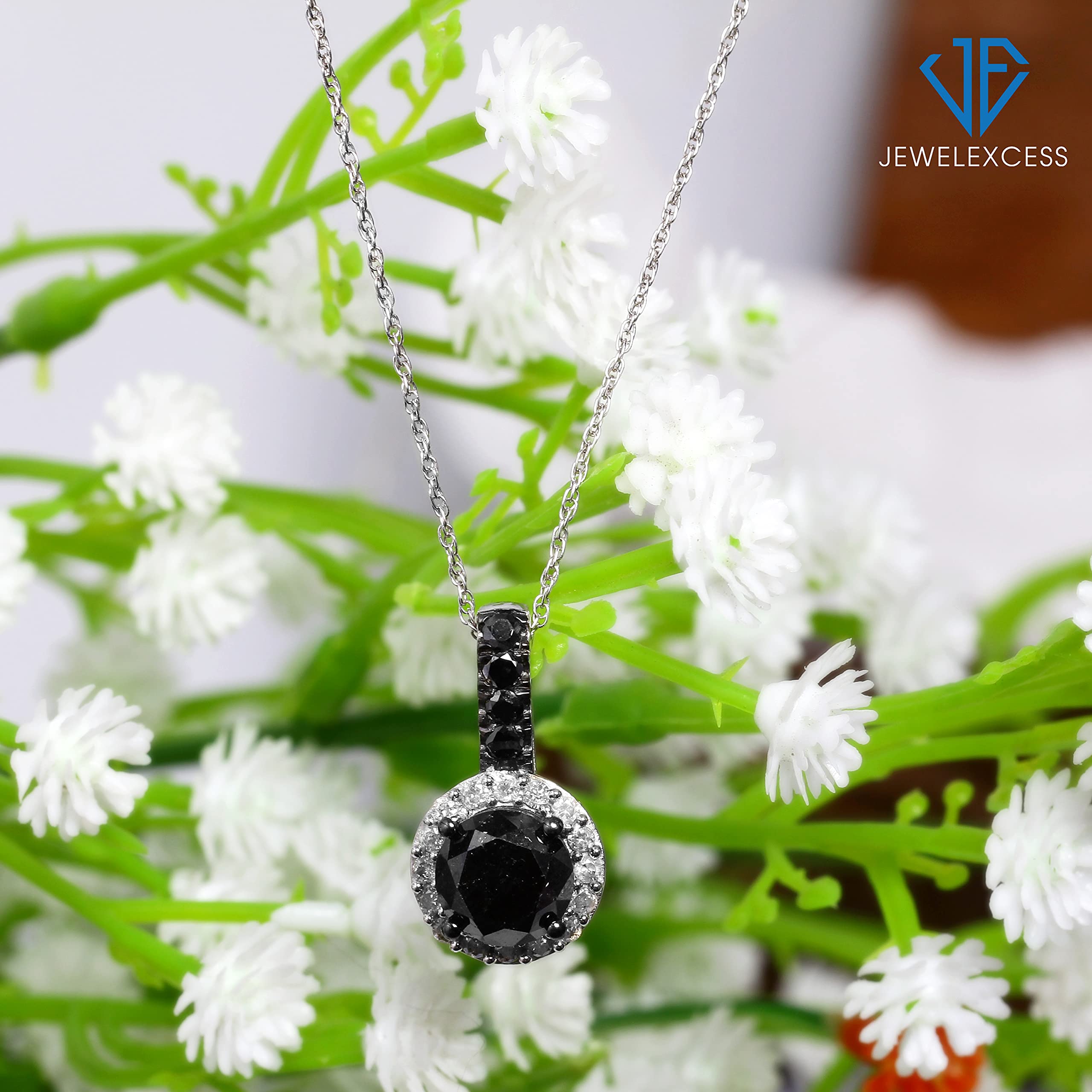 JEWELEXCESS 2.00CTW Black & White Diamond Halo Pendant Necklace for Women - Sterling Silver Diamond Jewelry - Elegant Birthday Gift for Her - Perfect for Anniversaries, Parties & Special Occasions