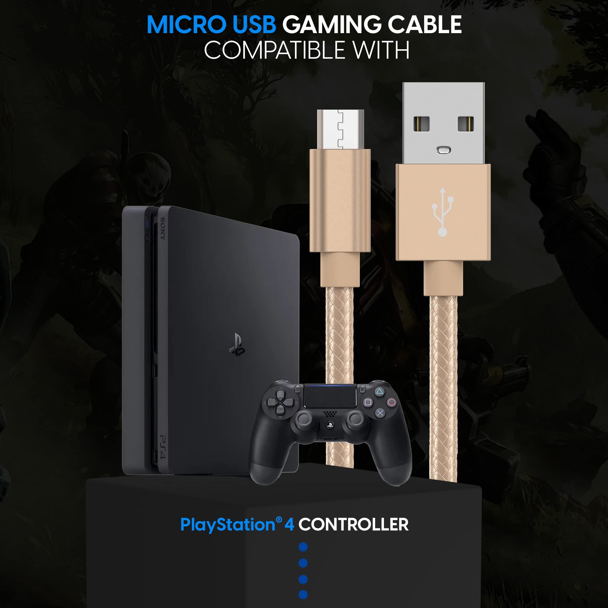 TalkWorks 6ft Nylon Braided Micro USB Charging Cable - Fast Charger Cord for PS4 Controller, Durable & Heavy Duty (Gold, 2-Pack) | Perfect for Gaming Sessions & Long Playtime