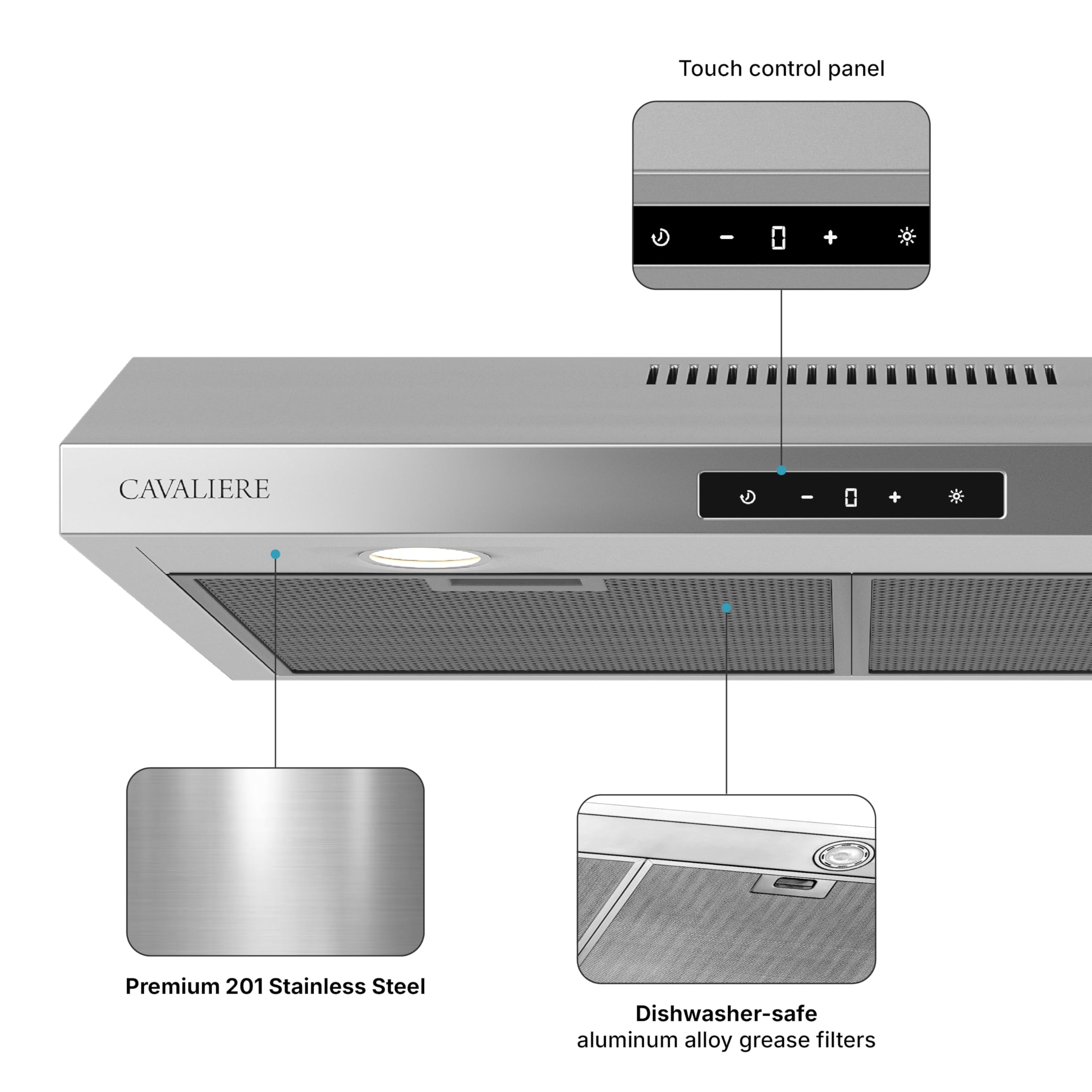 CAVALIERE 30 Inch Under Cabinet Range Hood - Ultra Slim Stainless Steel Kitchen Exhaust Vent with 200 CFM, 3 Speed Fan & Touch Control LED Lights - 3 Year Warranty - Perfect for Modern Kitchens and Small Spaces