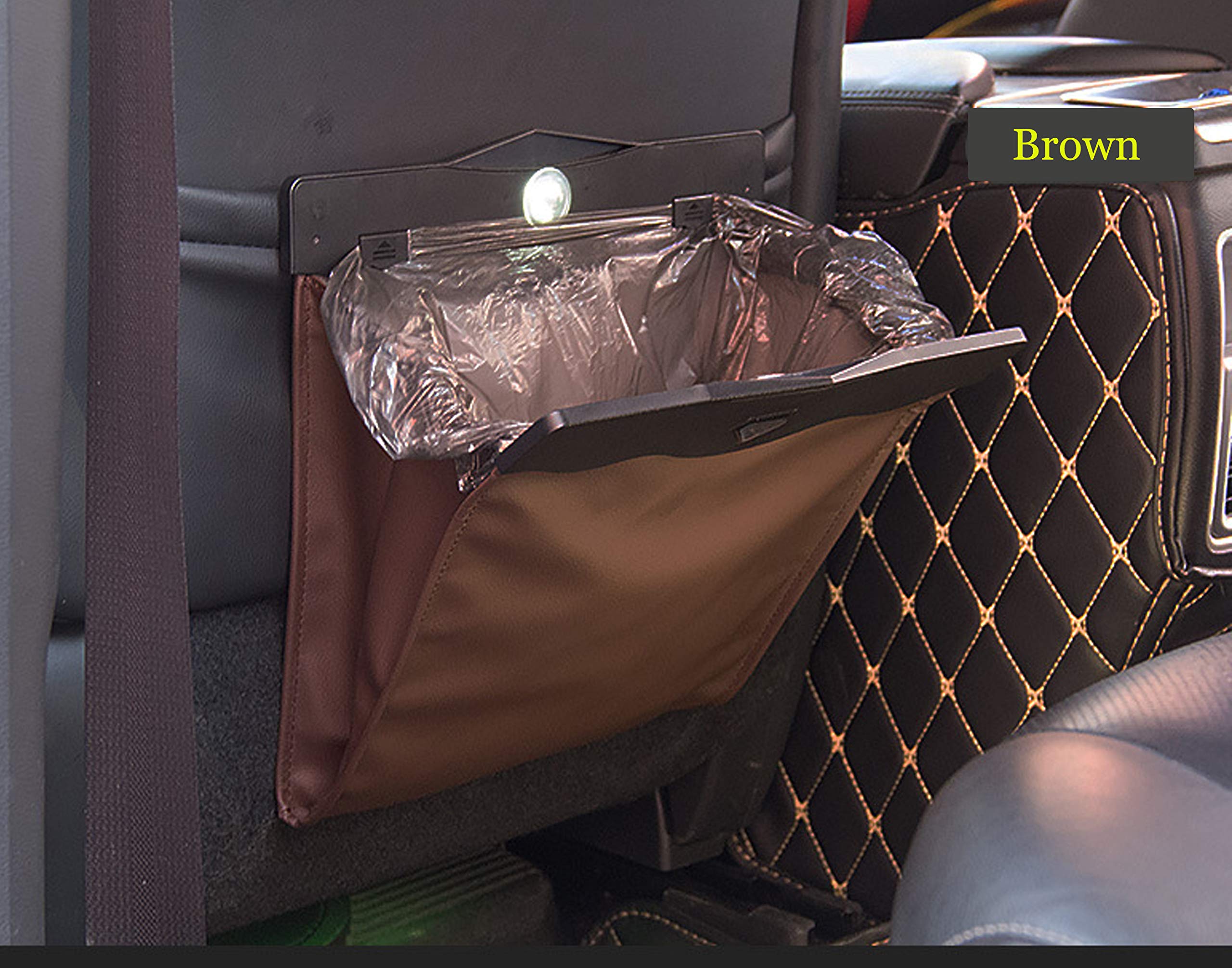 Premium Car Trash Bin with 50 Trash Bags - Smart LED Leather Garbage Can, Waterproof Foldable Car Trash Organizer for Vehicle, Office & Toilet Use - Universal Fit for Cars, SUVs & Trucks (Large Size)