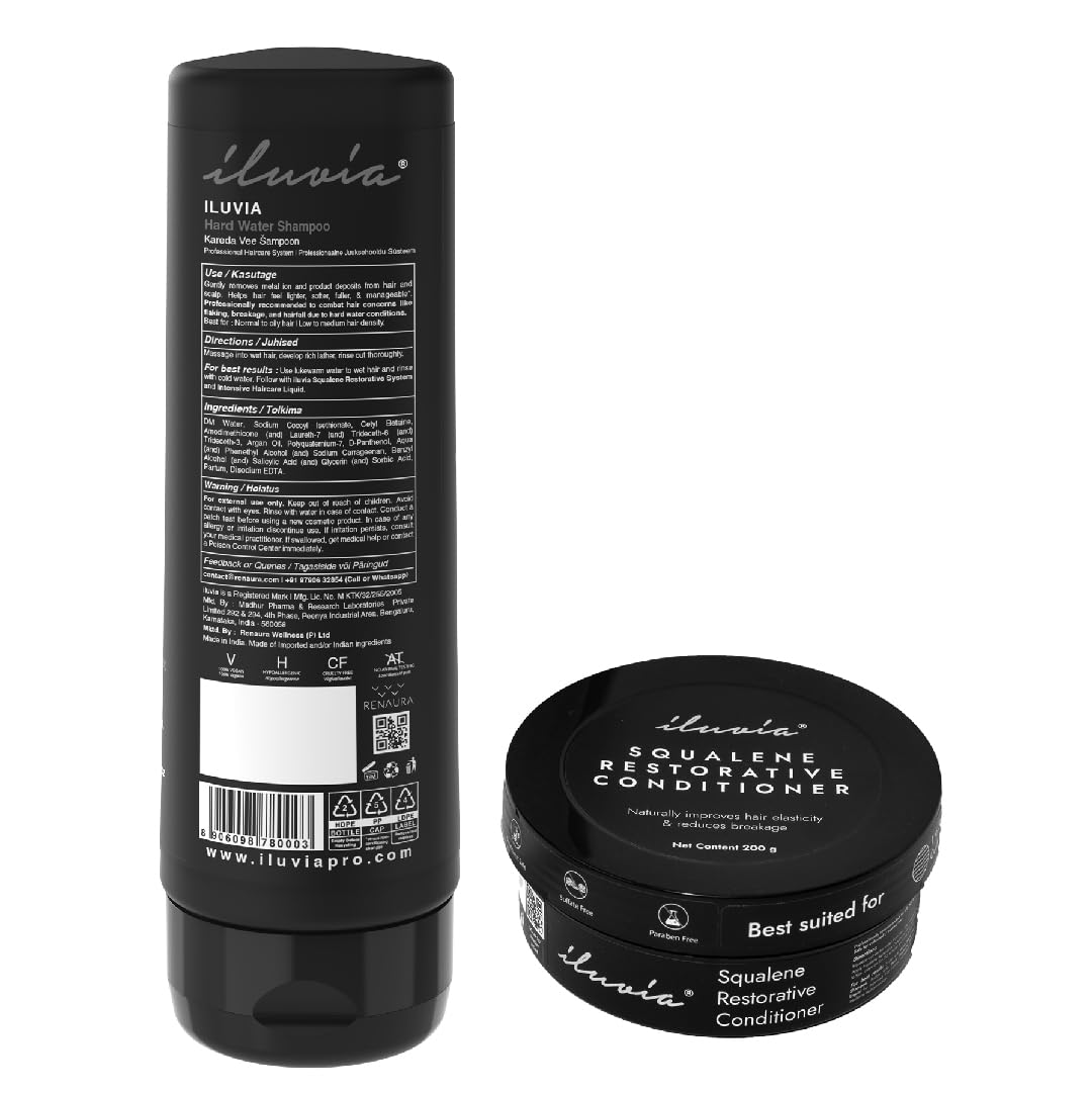 iLuvia Professional Basic Haircare Combo - Sulfate-Free Hard Water Shampoo (200ml) & Squalane Restorative Conditioner (200g) for Damaged Hair | Salon-Quality Hydration & Repair | Perfect for Swimmers, Hard Water Areas & Color-Treated Hair