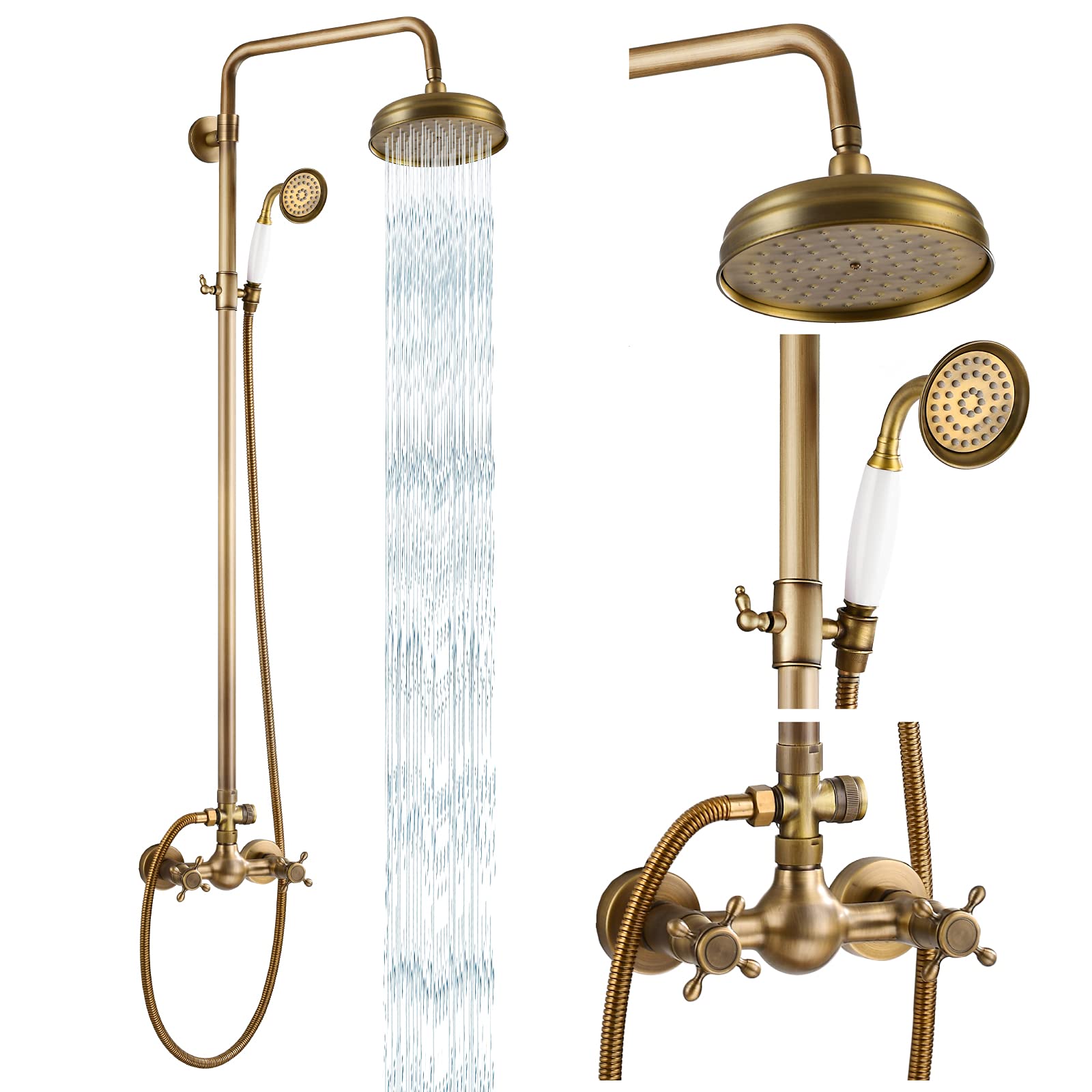 Antique Brass Exposed Shower Faucet Set - 8 Inch Rain Shower Head with 2 Double Knobs & Cross Handle - Dual Function Shower System (No Tub Spout) for Vintage Bathroom & Luxury Spa Experience