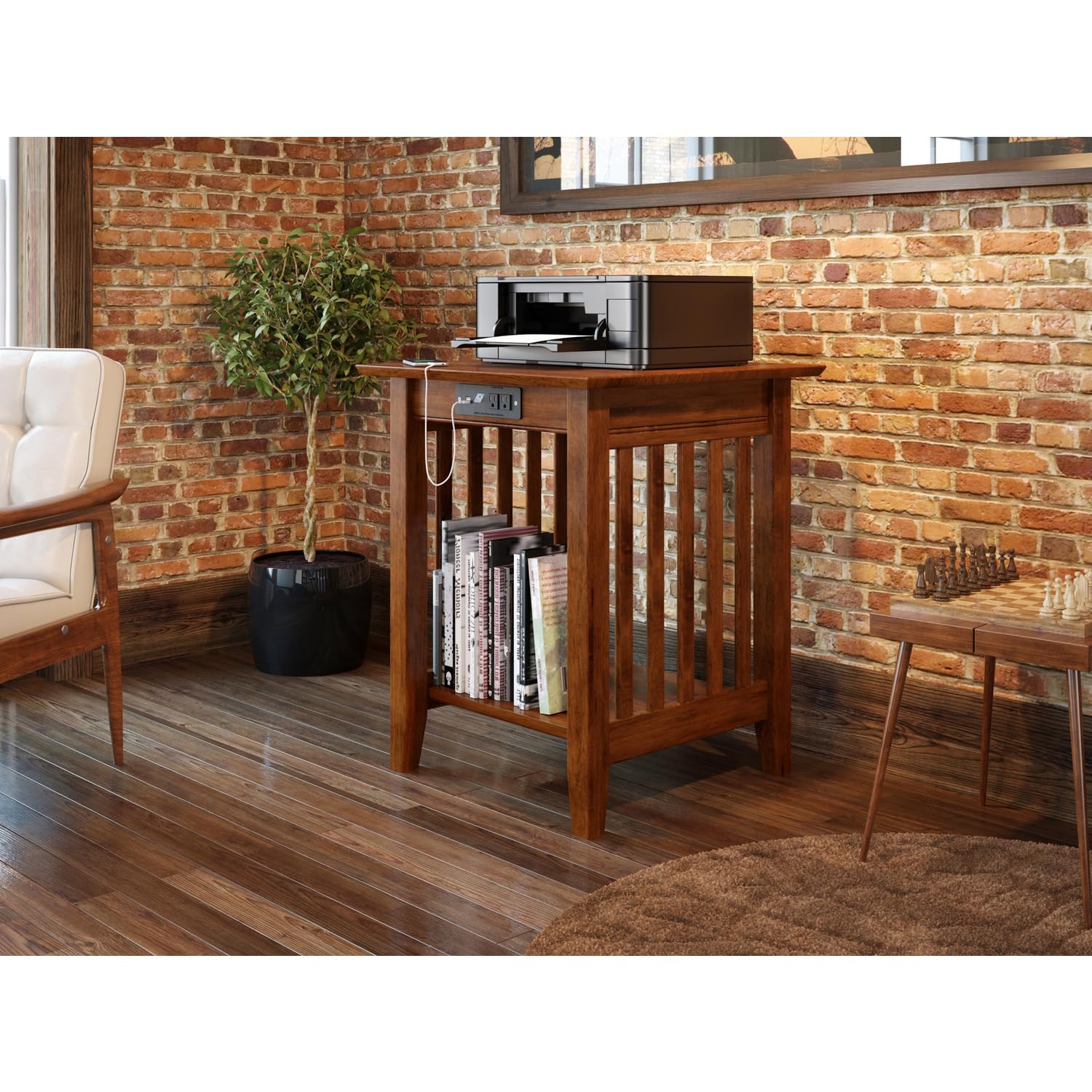 AFI Mission Printer Stand with Charging Station - Solid Walnut Wood Desktop Organizer for Home Office, Printer Shelf with USB Ports - Perfect for Workspace Organization & Device Charging