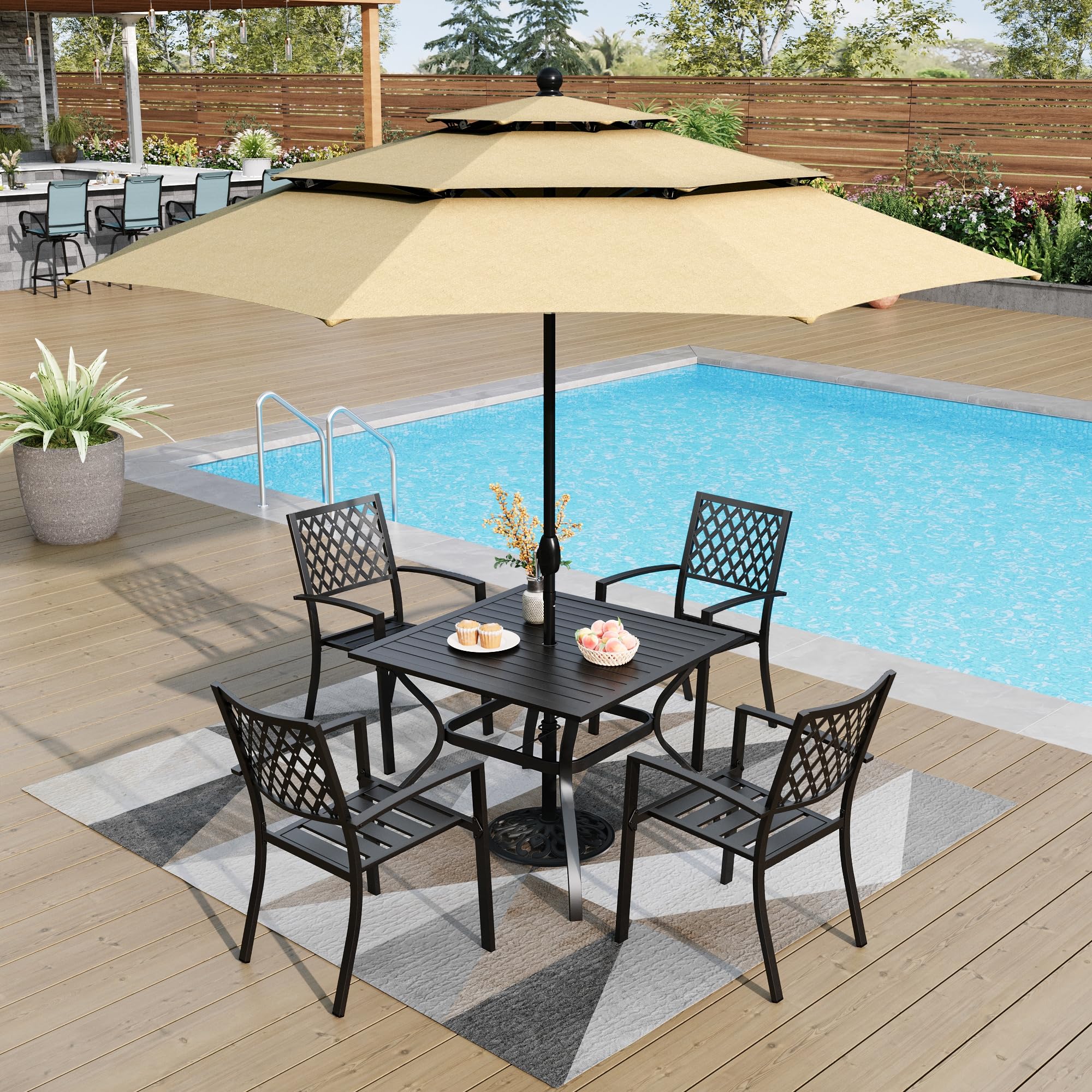 PHI VILLA Wrought Iron Patio Dining Chairs - Set of 4 Stackable Black Outdoor Metal Chairs with 300 LB Weight Capacity - Perfect for Garden, Backyard, Poolside & Restaurant Outdoor Seating