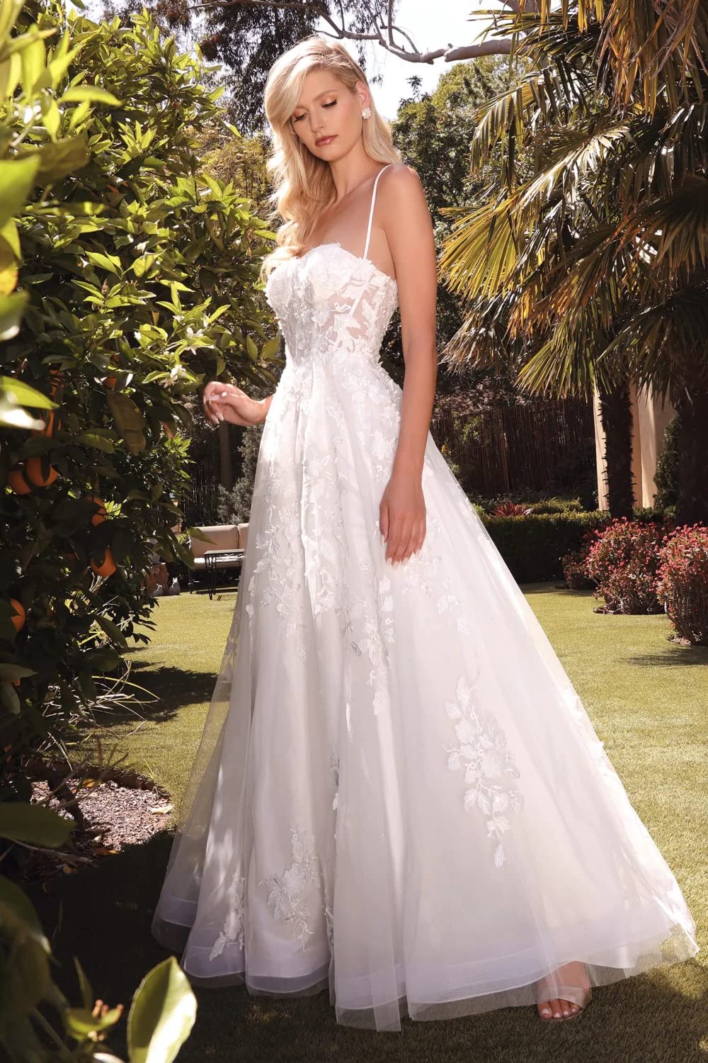 XYAYE Backless Lace Tulle Wedding Dress with Train - Spaghetti Strap Bridal Gown for Bride | Perfect for Beach, Church & Outdoor Ceremonies
