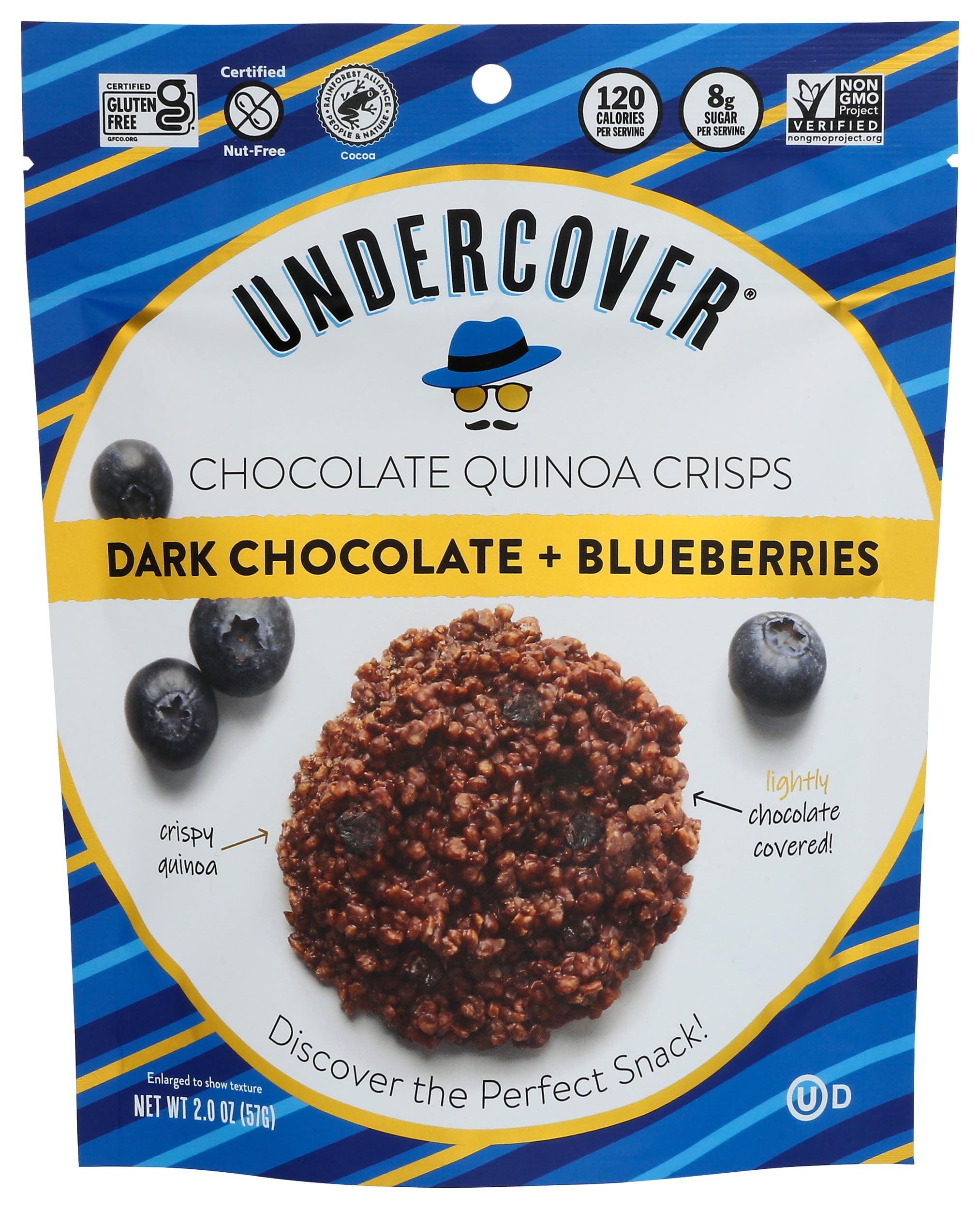 Undercover Chocolate CO Dark Chocolate with Blueberries & Crispy Quinoa Snack - 2oz | Healthy Gluten-Free Superfood Treat for Hiking, Office Snacks & Gift Baskets