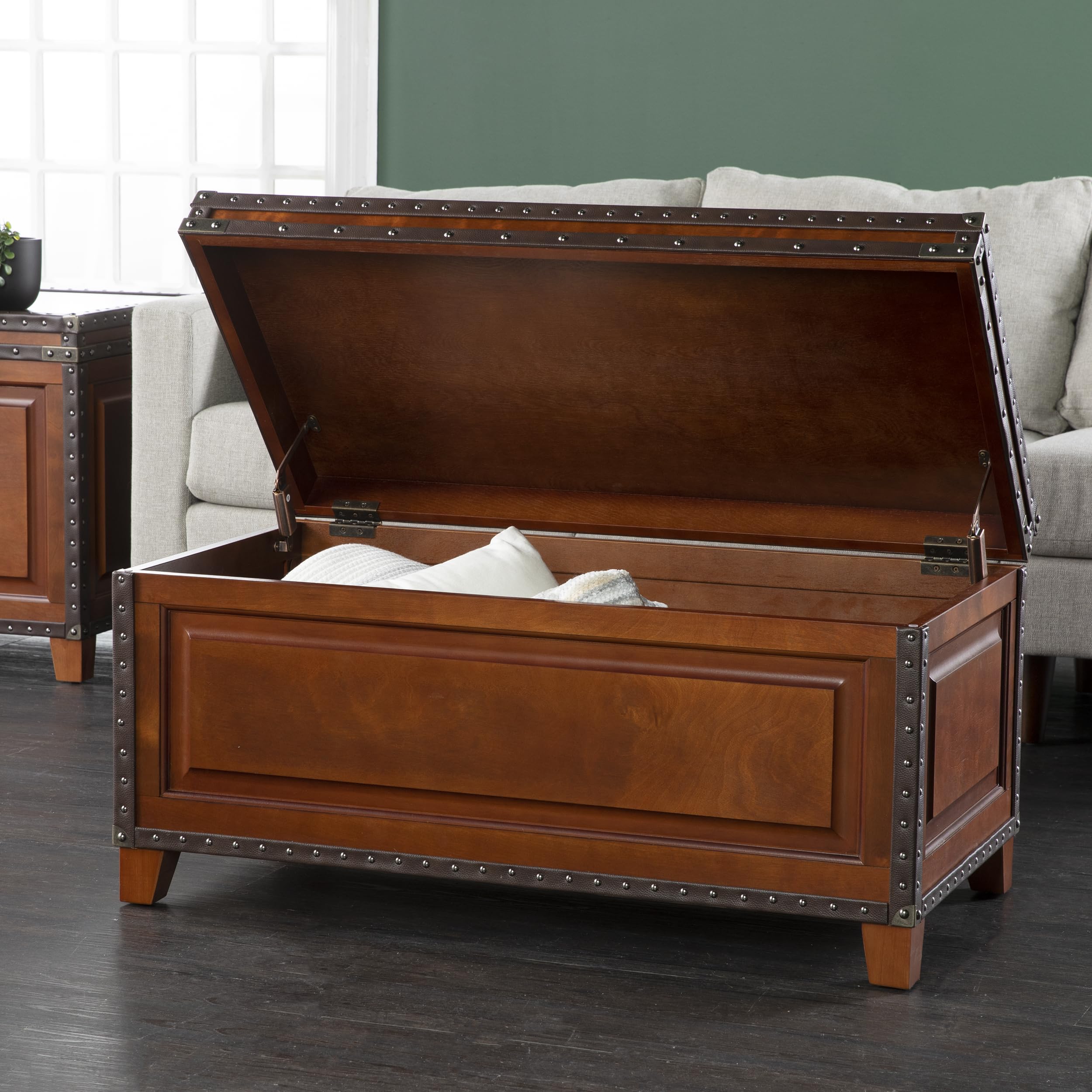 SEI Furniture Amherst Trunk Coffee Table - Faux Leather Upholstery with Nailhead Trim - Dark Cherry, Espresso & Antique Bronze Finish - Perfect for Living Room, Lounge & Home Decor