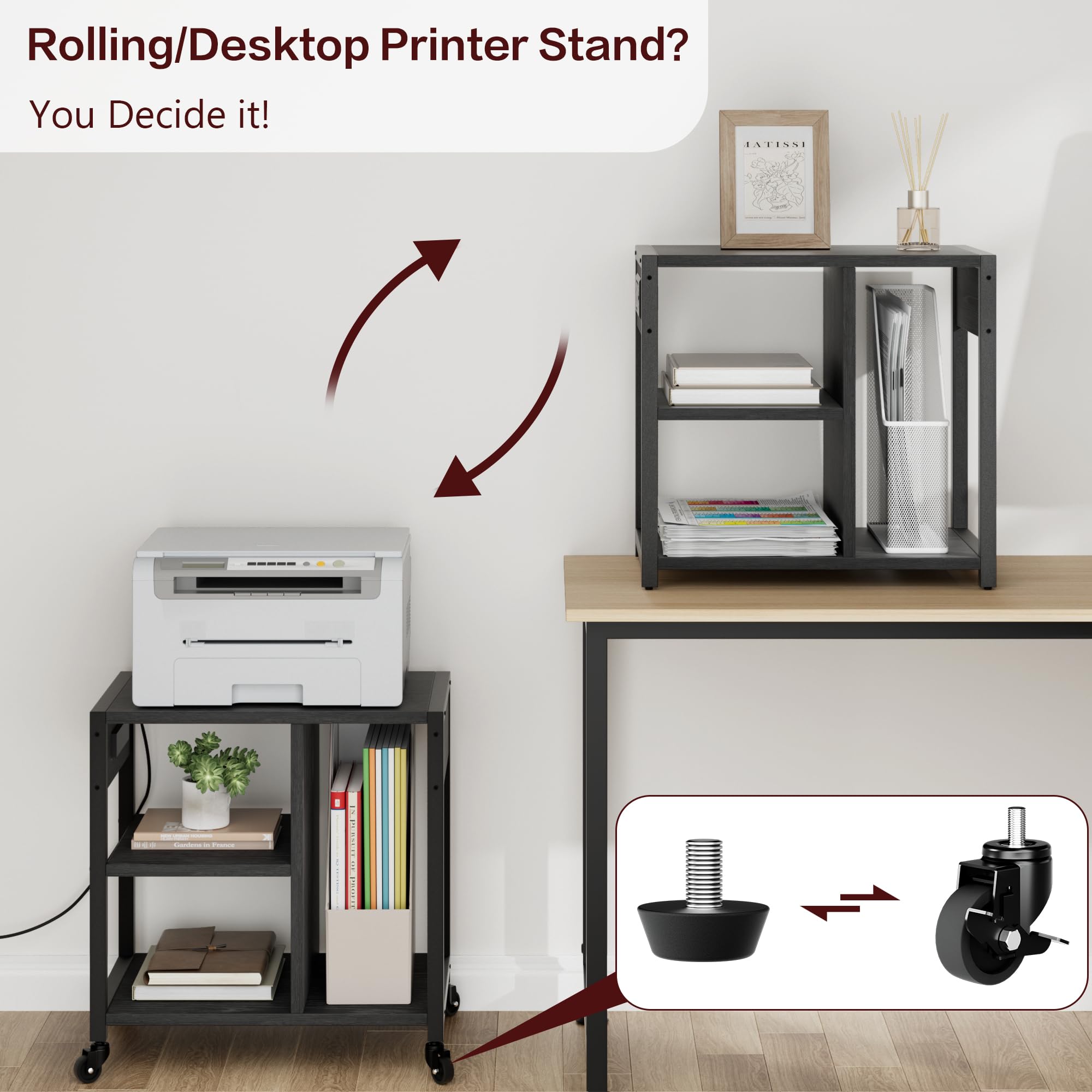 3-Tier Rolling Printer Stand with Power Outlets & USB Ports - Rustic Black Under Desk Printer Table with Storage & Wheels for Home Office Organization | Perfect for Small Spaces & Workspace Efficiency