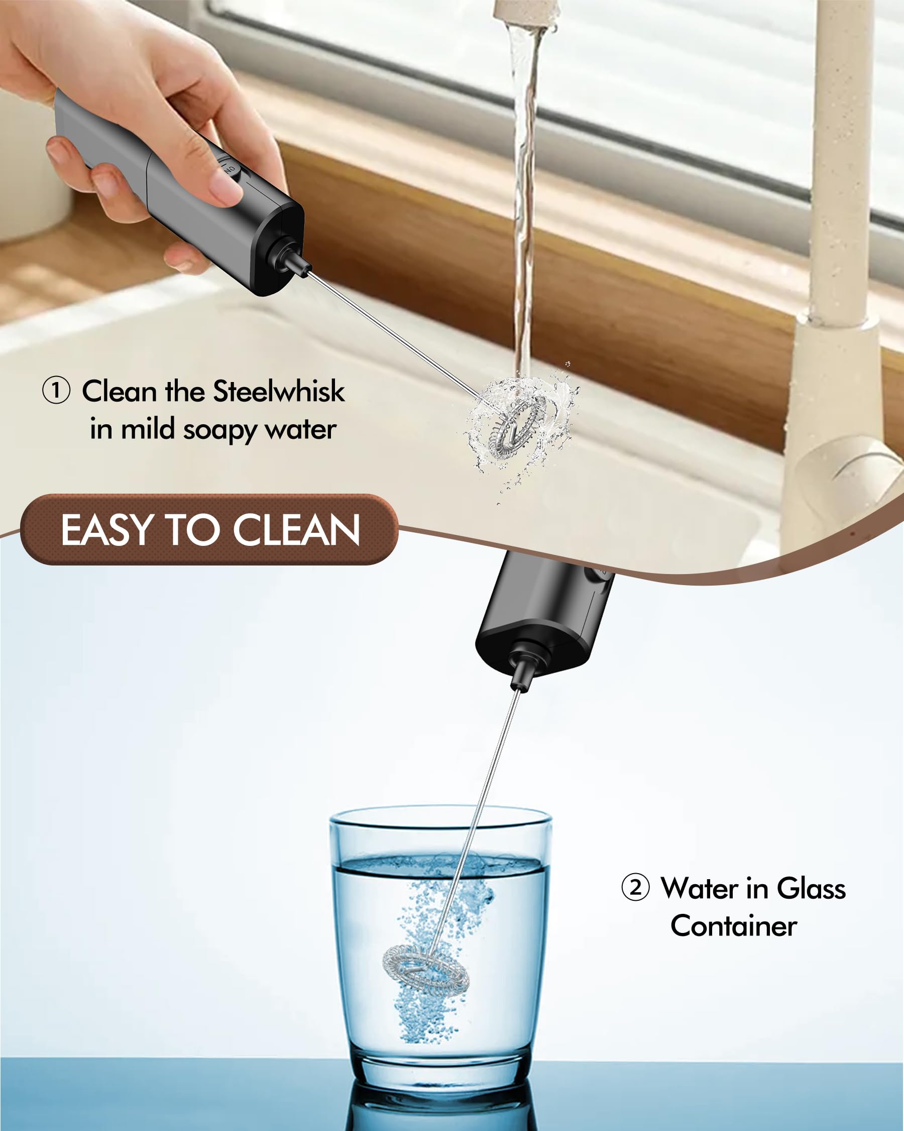 Electric Milk Frother Handheld - Battery Operated Foam Maker for Coffee, Latte, Cappuccino, Matcha & Protein Shakes - Portable Mini Whisk for Home, Office & Travel - Black