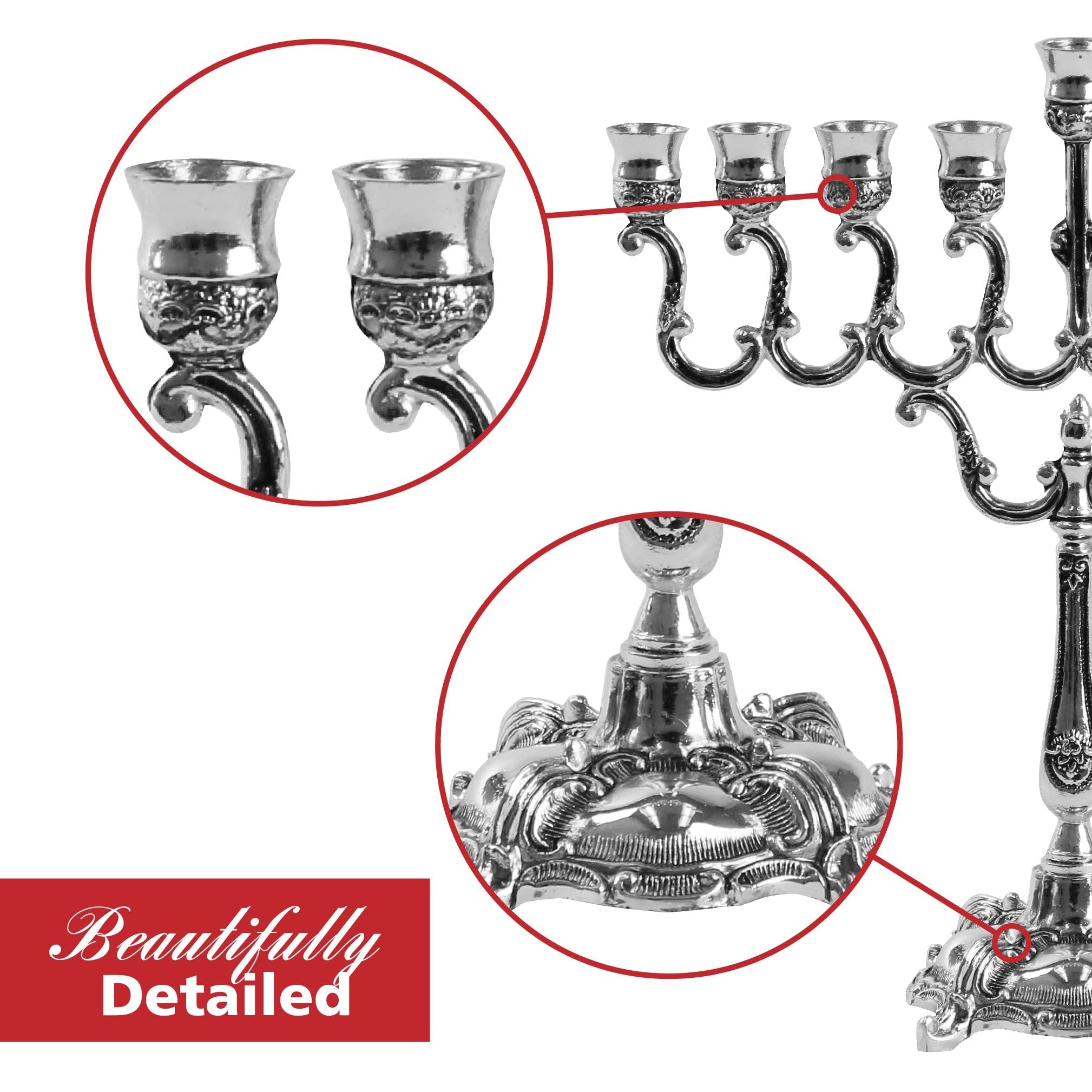 Silver Plated Hanukkah Menorah with Curved Branches - Holds Standard Hanukkah Candles (7.25