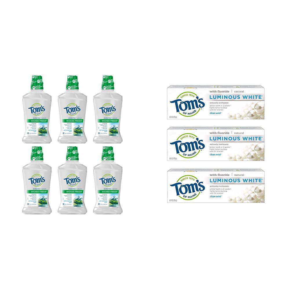 Tom's of Maine Natural Wicked Fresh Alcohol-Free Mouthwash (Cool Mountain Mint, 6-Pack) & Natural Luminous White Fluoride Toothpaste (Clean Mint, 3-Pack) - Fresh Breath & Teeth Whitening Combo for Daily Oral Care