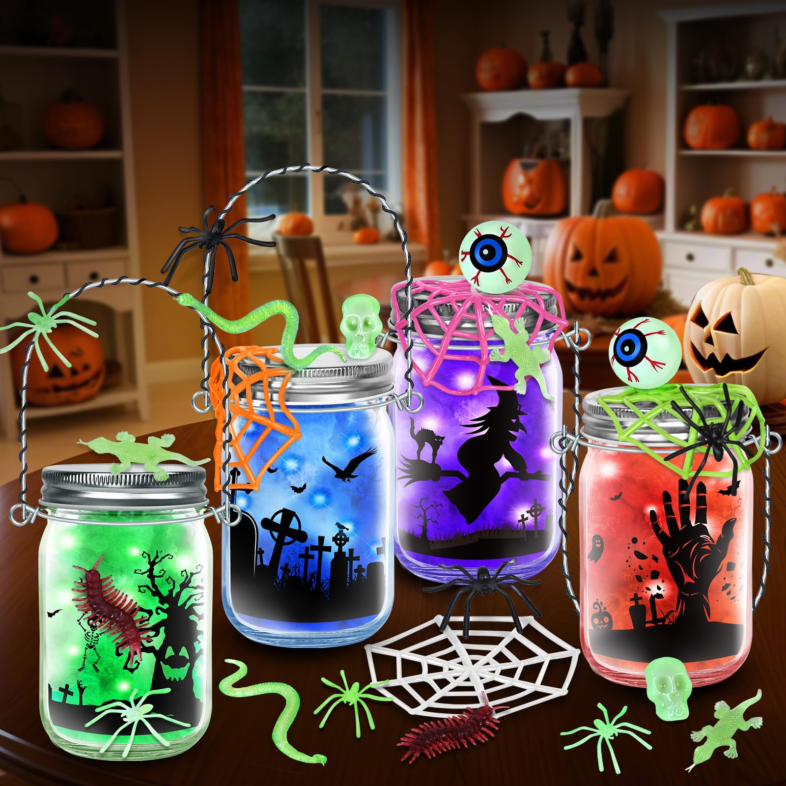 SpringFlower Halloween Craft Kit - 4 Pack Mason Jar Lanterns DIY Supplies for Kids & Adults | Creative Art Activities, Party Decorations & Spooky Home Decor