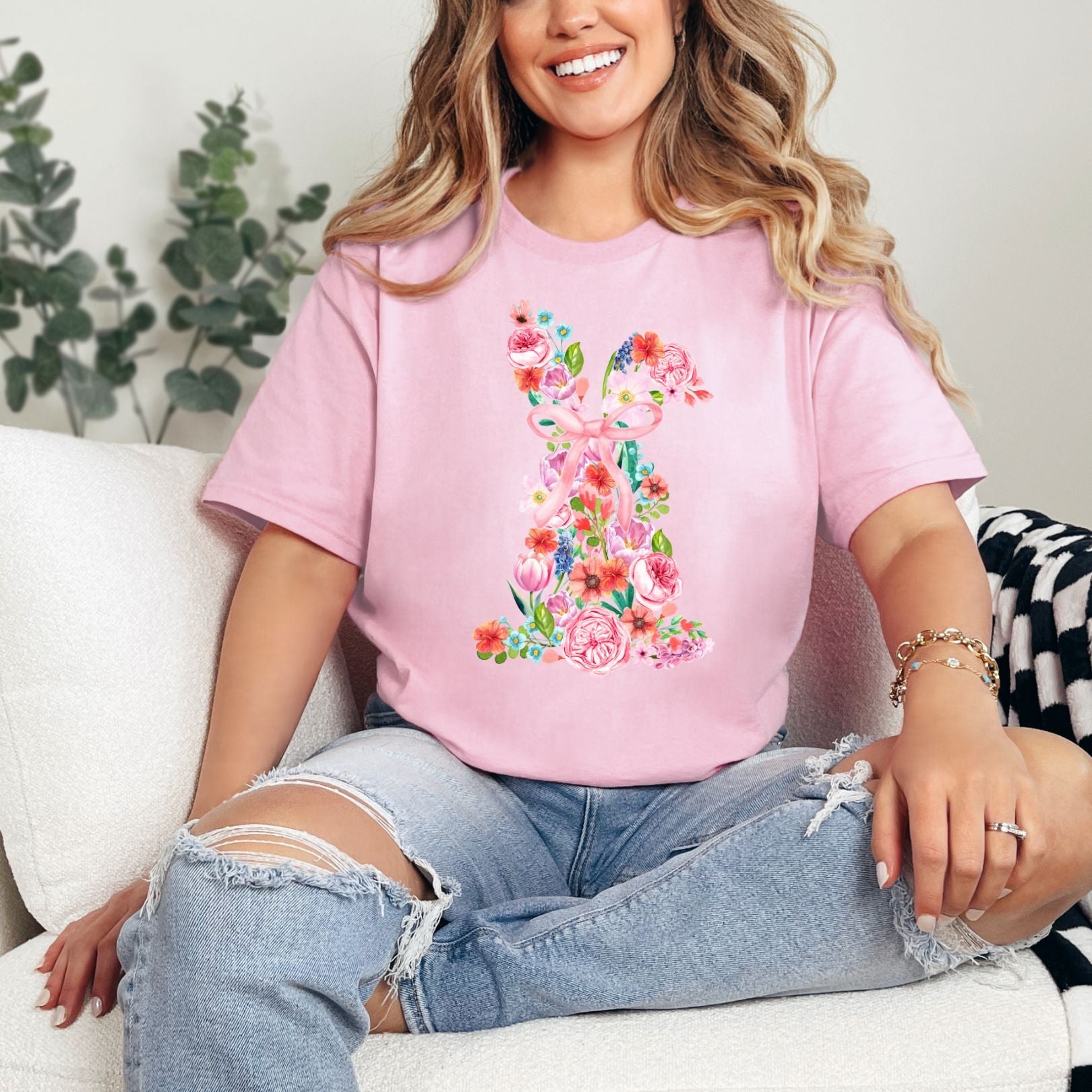 Pink Floral Bunny Graphic Tee - Cute Cartoon Rabbit Print T-Shirt for Women & Girls | Perfect for Spring Outfits, Easter Gifts & Casual Wear