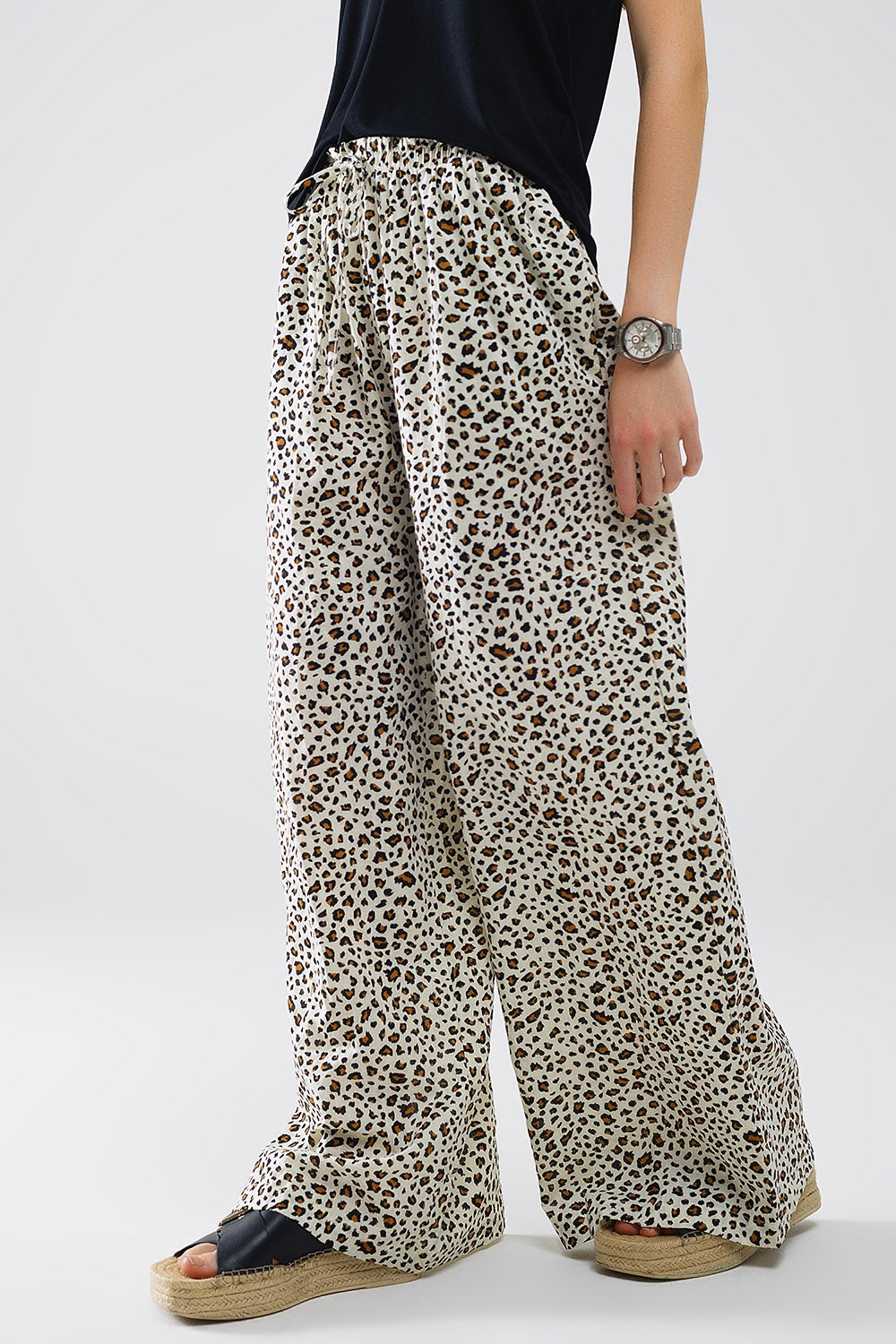 Leopard Print Elastic Waist Straight Leg Pants for Women - Casual, Office & Everyday Wear