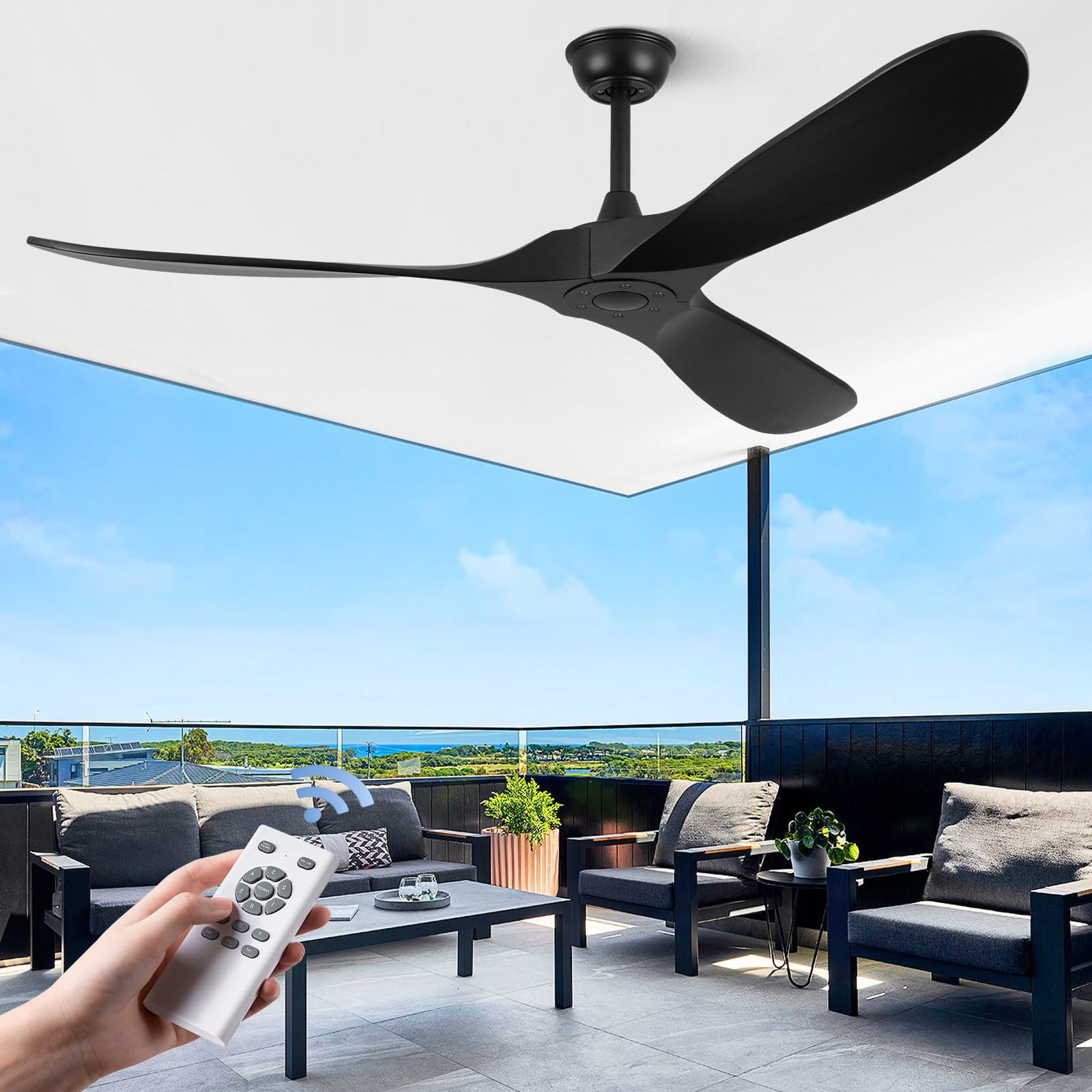 60 Inch Black Ceiling Fan Without Lights - 3 Blade Solid Wood Indoor/Outdoor Fan with Remote Control for Patio, Living Room & Bedroom | Quiet Cooling for Home, Office & Commercial Spaces