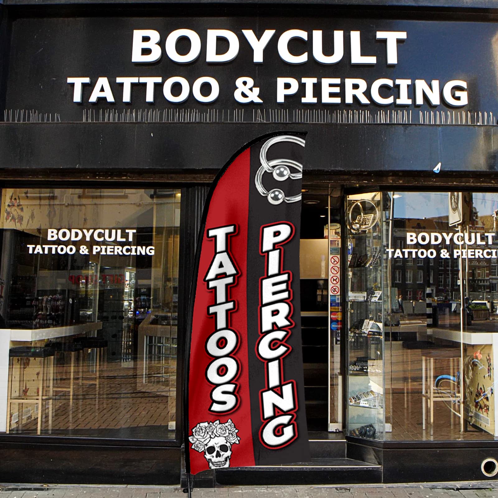 7FT Tattoo & Piercing Advertising Feather Flag with Pole Kit - QSUM Swooper Banner for Tattoo Parlors, Piercing Shops & Storefronts - Includes Ground Spike - Perfect for Outdoor Business Promotion & Event Signage