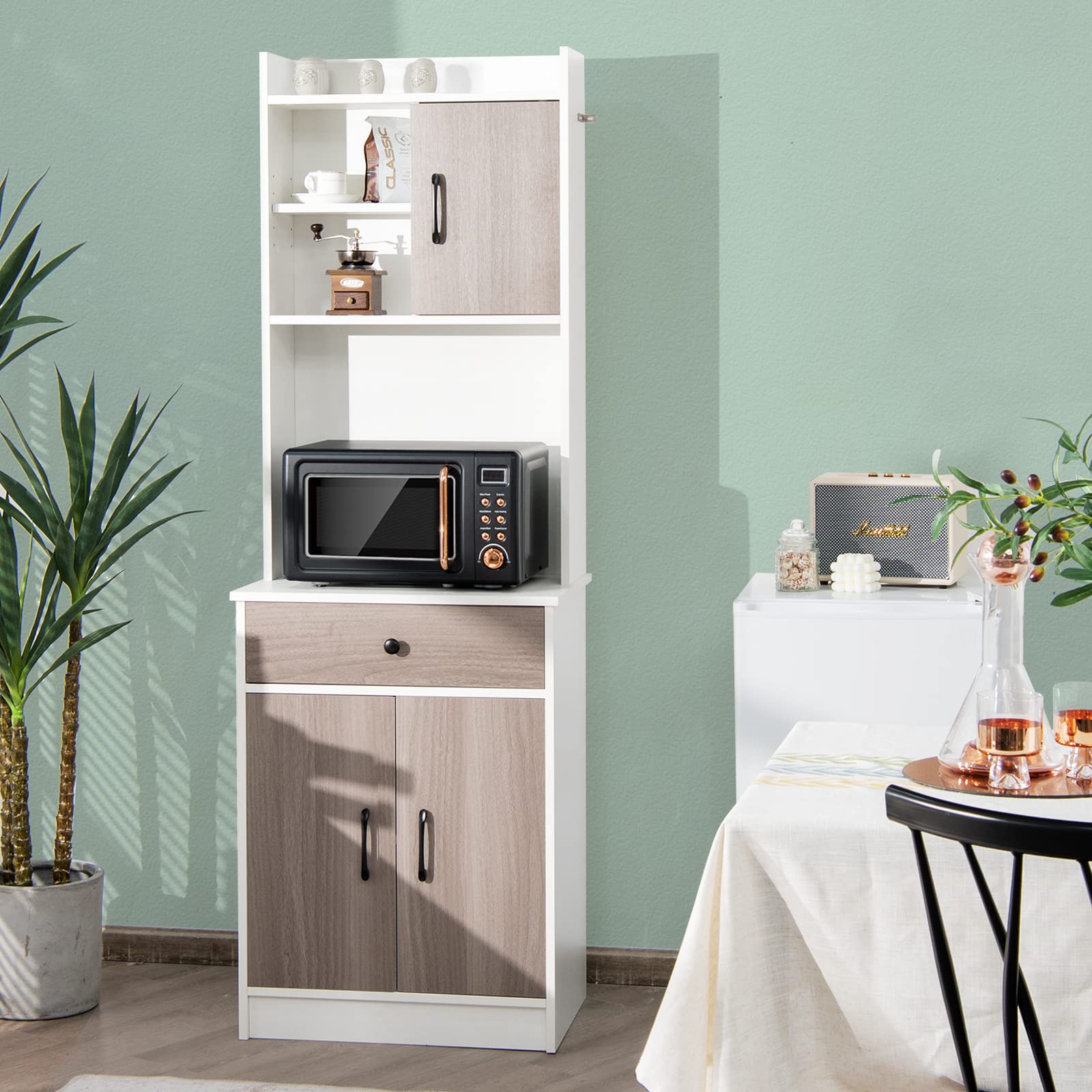 Giantex Pantry Organizers and Storage Cabinet - Tall Buffet Hutch with Drawers & Shelves, White & Natural Wood Countertop - Perfect for Kitchen Organization, Dining Room Storage & Microwave Stand