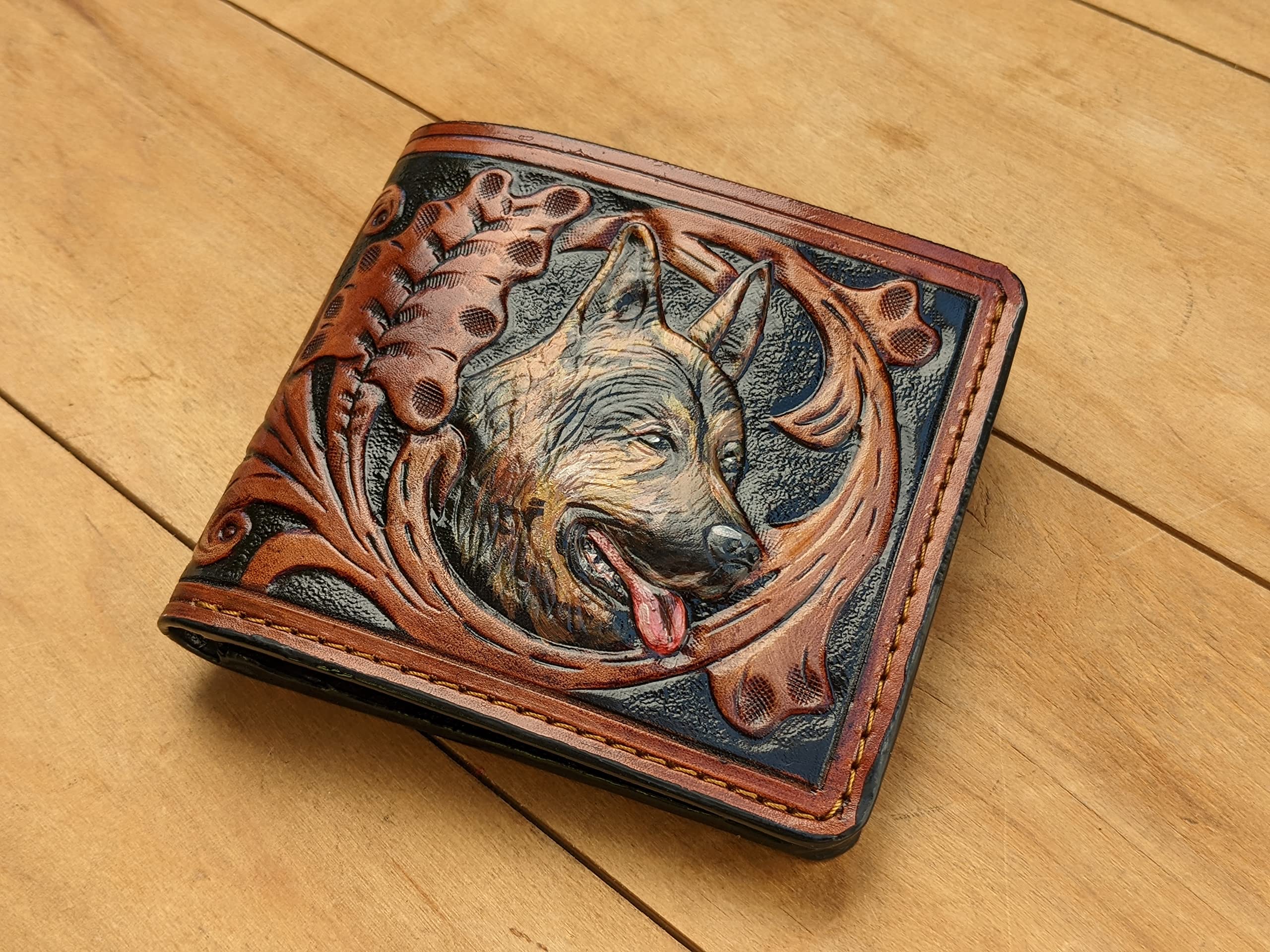 Handmade 3D Genuine Leather Bifold Wallet for Men - German Shepherd Dog Puppy Flower Carved Design - Custom Personalized Tooled Airbrush Art Wallet - Perfect Gift for Dad, Husband & Dog Lovers