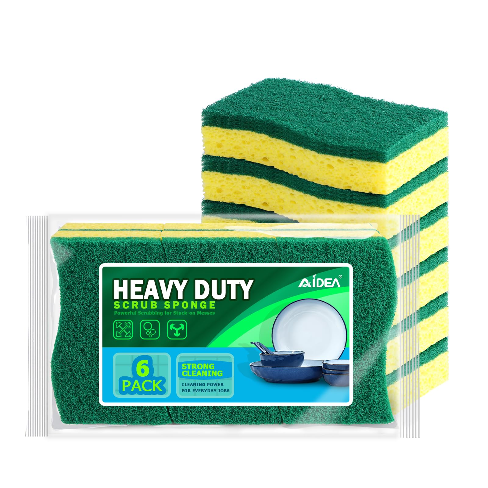 **AIDEA Heavy Duty Scrub Sponges for Kitchen - 6 Pack Cellulose Dish Sponges with Superior Scrubbing Power for Tough Messes, Non-Coated Cookware, Pots & Pans - Perfect for Deep Cleaning & Stain Removal**
