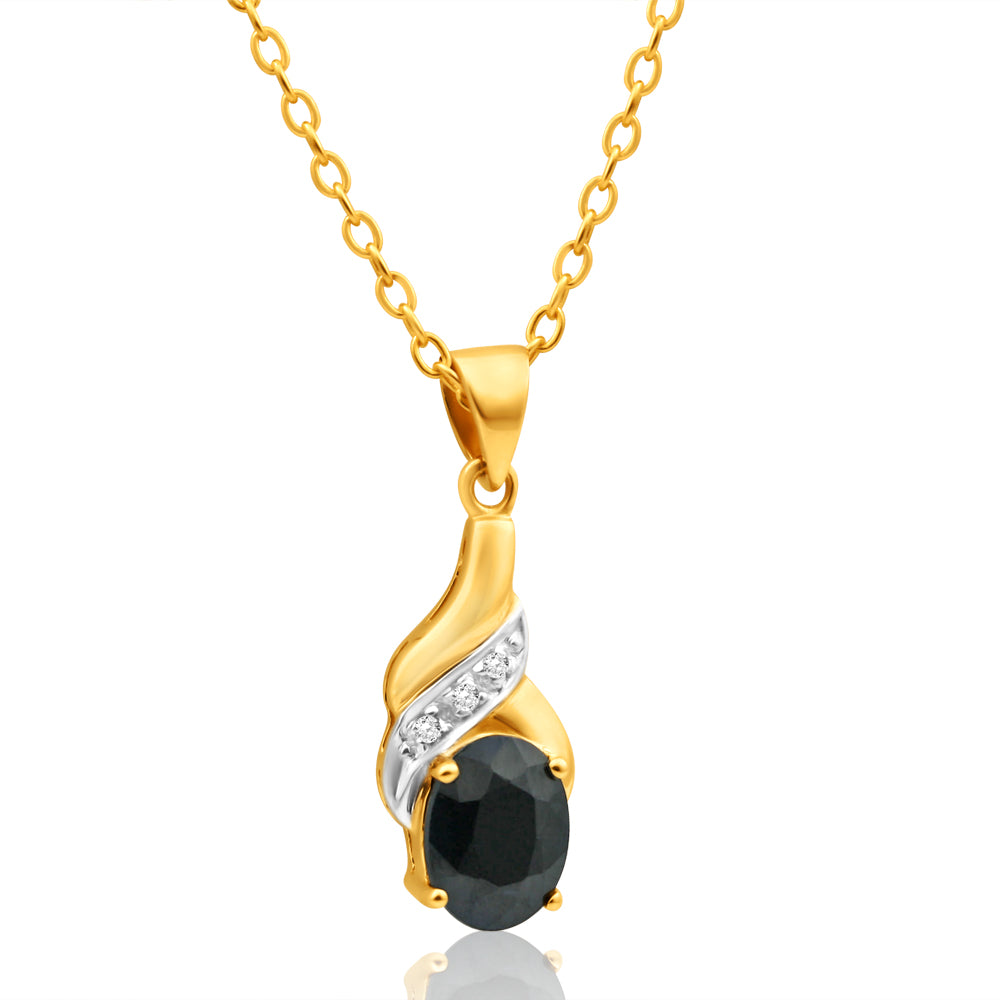 9ct Yellow Gold Natural Black Sapphire & Diamond Pendant - 8x6mm Oval Cut Elegant Necklace for Women, Perfect for Anniversary Gifts & Evening Occasions