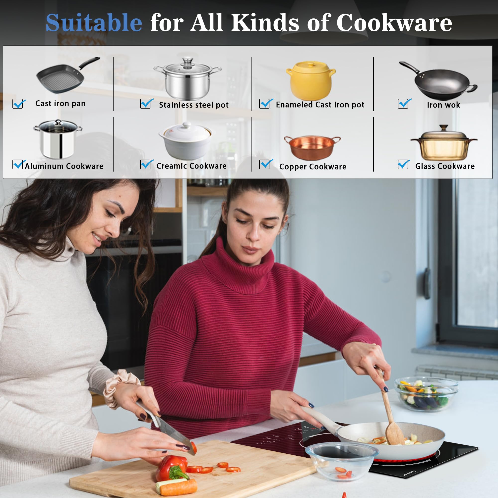 12 Inch 2 Burner Electric Cooktop - 120V Plug-in Countertop & Built-in Stove with Timer, Safety Lock & Over-Temperature Protection | Sensor Touch Control | Perfect for Small Kitchens, RVs & Apartments