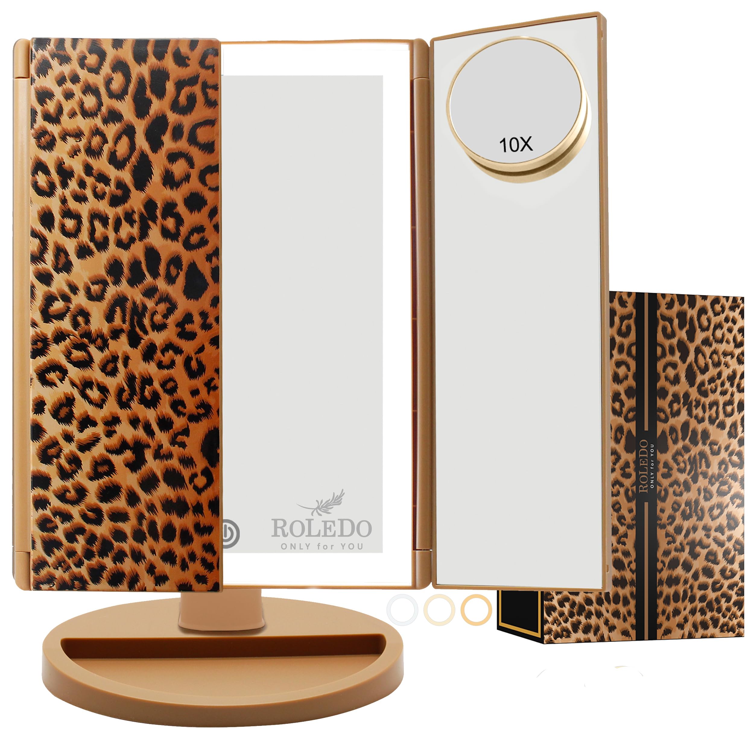 RoLeDo 3-Fold LED Vanity Makeup Mirror with 72 Lights - 2X/3X/10X Magnification, Touch Screen & 3 Color Lighting - Portable Cosmetic Mirror for Desk - Cheetah Print Design - Perfect Gift for Women - Ideal for Home Makeup, Travel & Professional Beauty Use