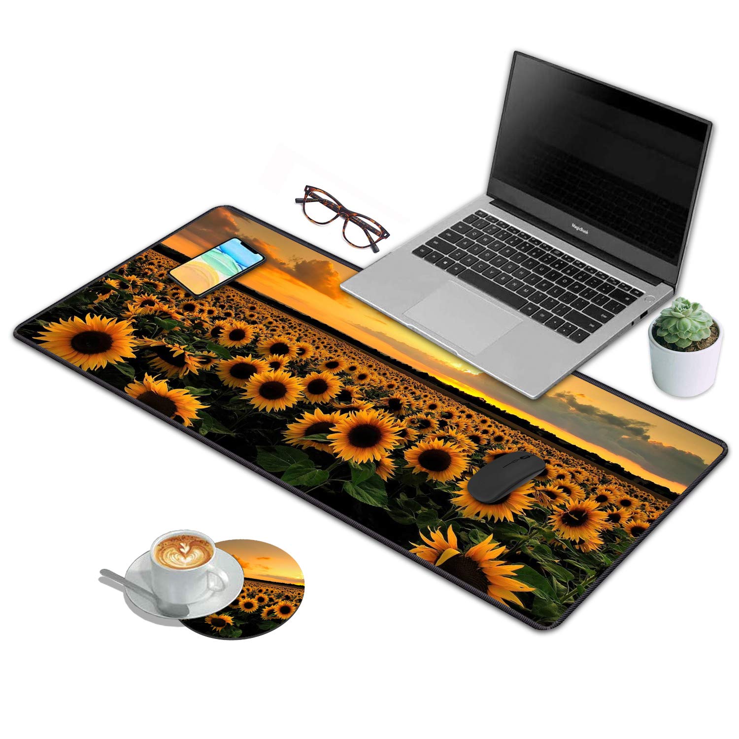 XXL Gaming Mouse Pad with Coasters Set - Non-Slip Stitched Edges Sunflower Field Design for Laptop, PC & Office Desk (31.5x11.8 Inch) - Perfect for Work, Gaming & Home Office Setup
