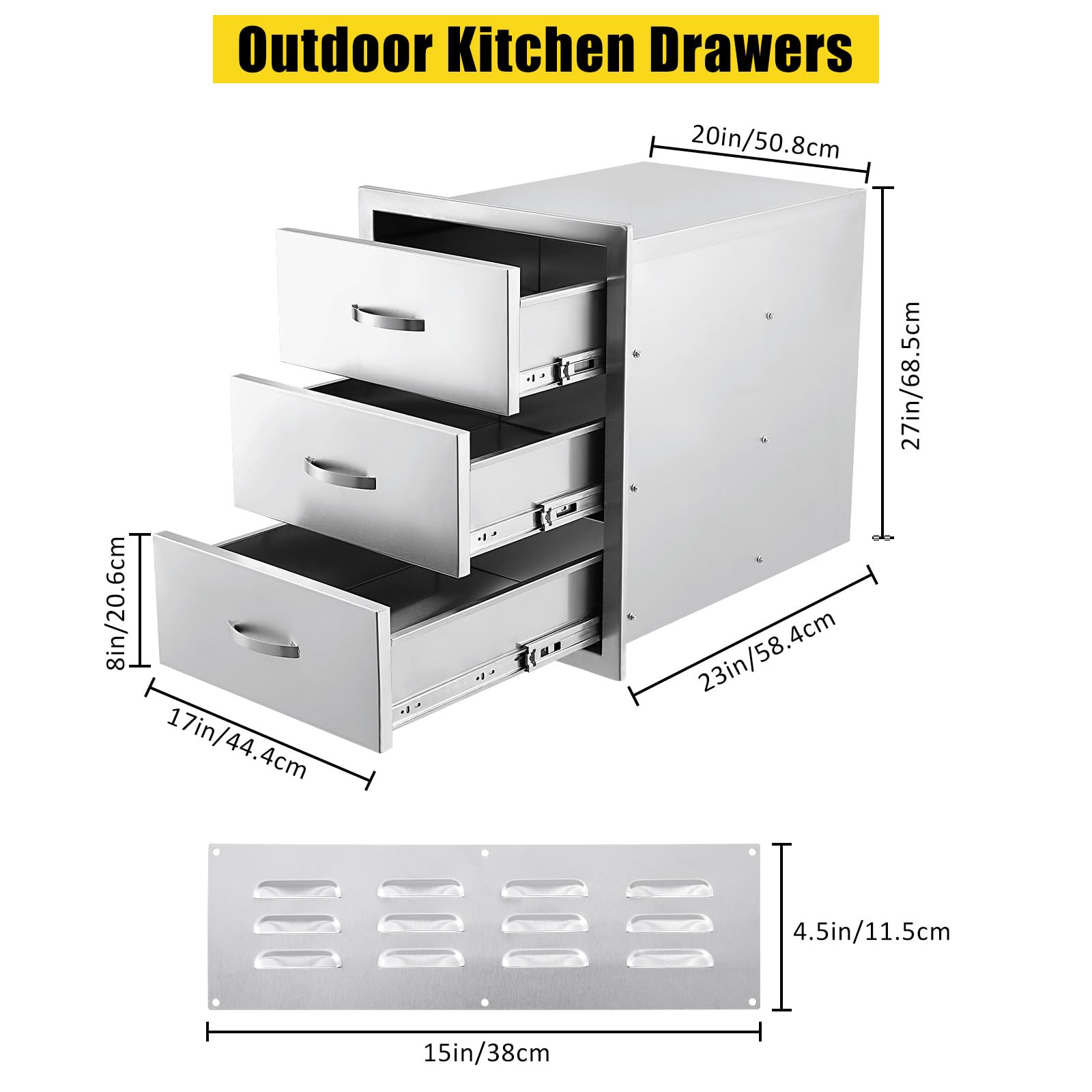 Stainless Steel Triple BBQ Storage Drawers for Outdoor Kitchen - 20W x 23D x 27H Inches Flush Mount Built-in Drawers with Venting Panel - Perfect for Kitchen Island, Patio Grill Station & Backyard Entertaining
