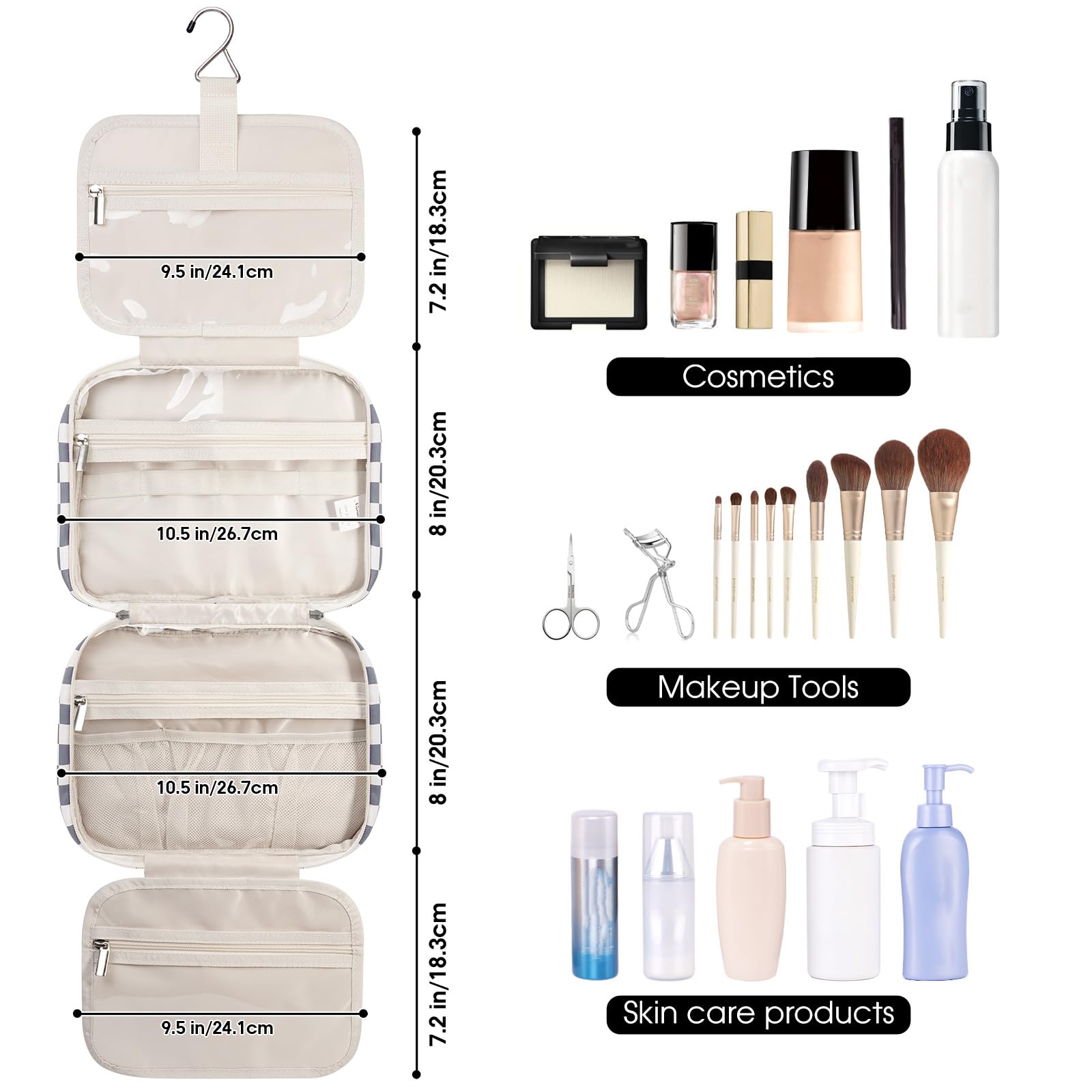 Narwey Hanging Toiletry Bag for Women - Travel Makeup Organizer with Multiple Pockets, Waterproof Cosmetic Bag for Toiletries & Travel Essentials (Grayish Blue Checkerboard, Medium) - Perfect for Airplane Carry-on, Gym, Camping & Weekend Getaways