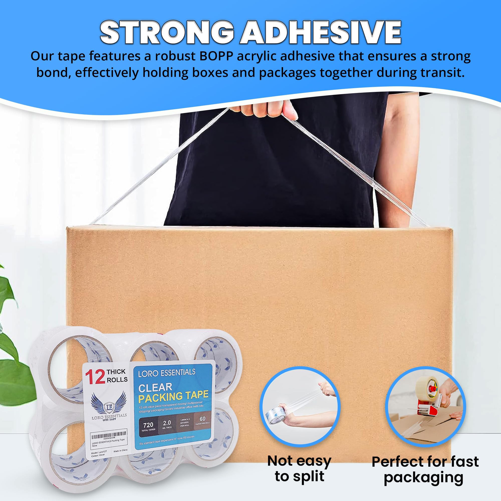 Heavy Duty Clear Packing Tape - 12 Rolls (720 Yards Total) for Moving Boxes, Shipping & Packaging | 2.0 Mil Thick Strong Adhesive Tape with 3