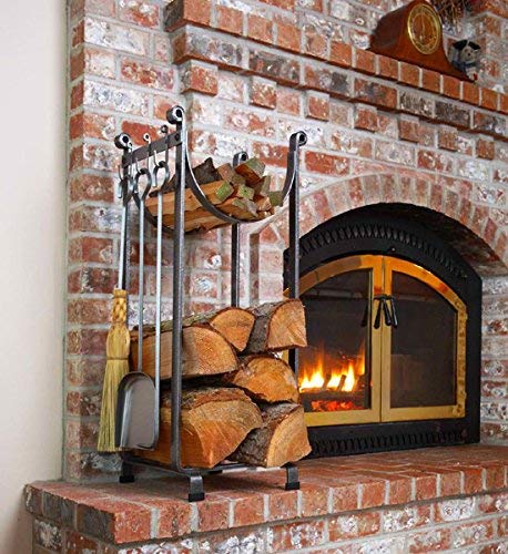 Enclume Sling Log Rack with Fireplace Tools - Heavy Duty Hammered Steel Firewood Holder - Perfect for Indoor/Outdoor Fireplace, Wood Stove, and Camping Use