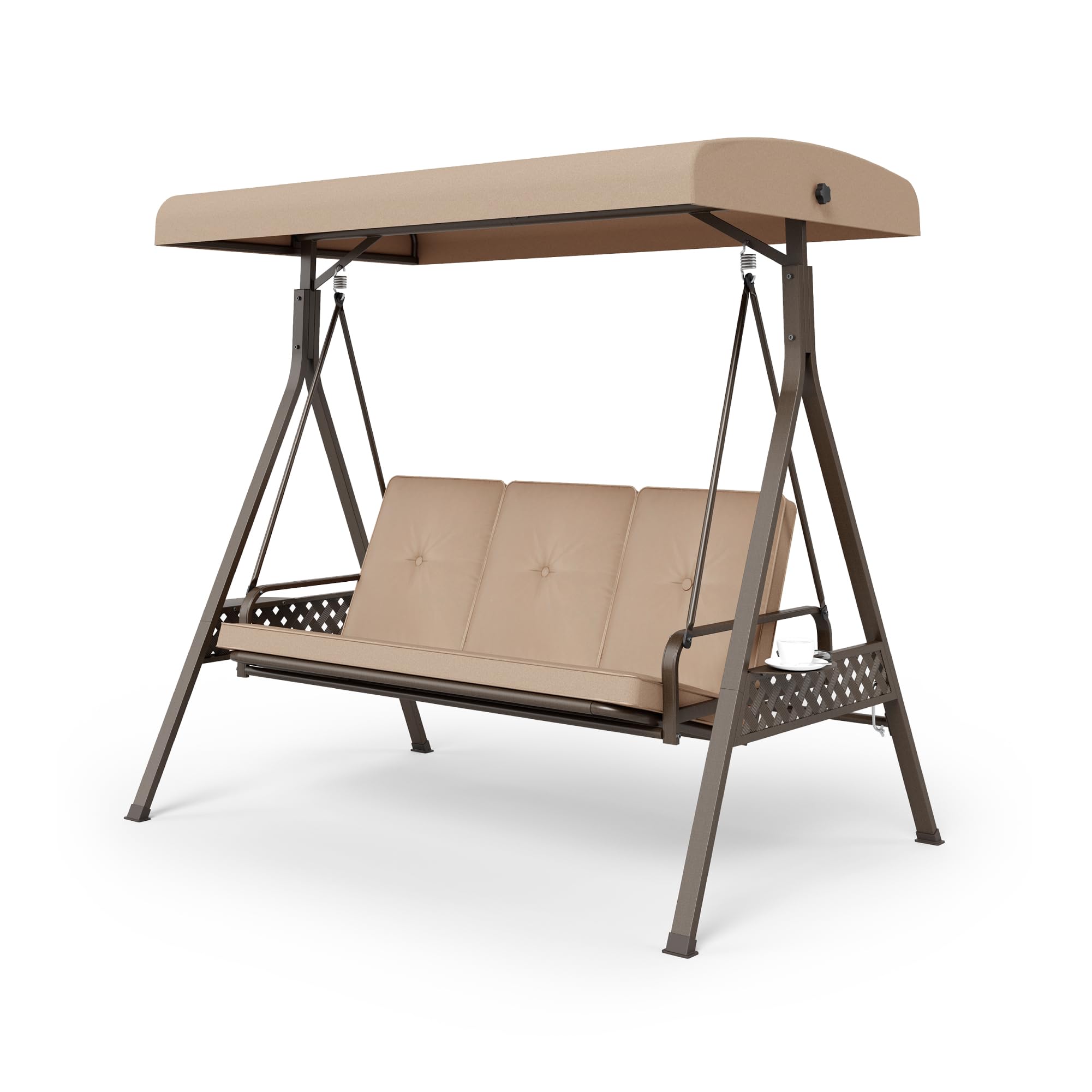 Sophia & William 3-Seat Outdoor Porch Swing with Adjustable Canopy - Weather-Resistant Steel Frame Patio Swing Chair for Backyard, Front Porch or Lawn - Includes Removable Cushions & Iron Tea Tray in Beige - Perfect for Relaxing, Entertaining Guests or Enjoying Afternoons Outdoors