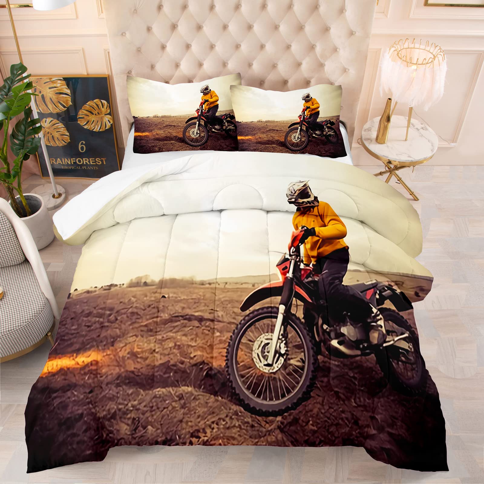 CERYUEE Full Size Racing Motocross Comforter Set - Dirt Bike Bedding for Boys & Teens (1 Comforter + 1 Pillow Sham) - Perfect for Bedroom, Dorm Room & Motocross Themed Decor