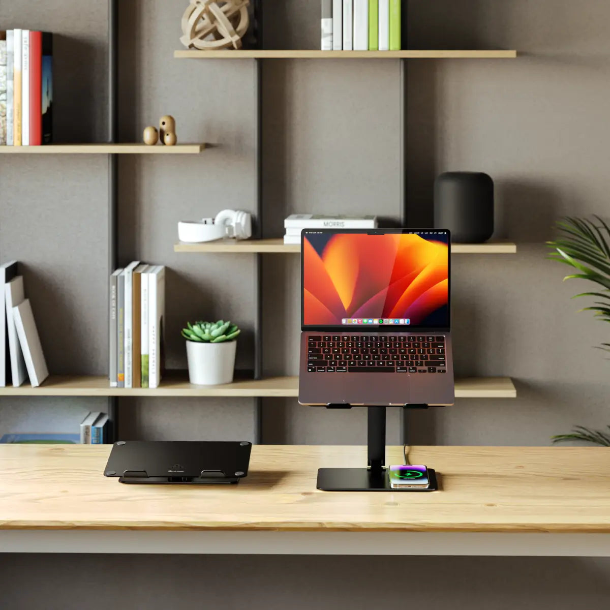 Premium Aluminum Laptop Stand with Qi Wireless Charger - Adjustable Ergonomic Computer Riser for MacBook, iPad & Office Workspace Setup