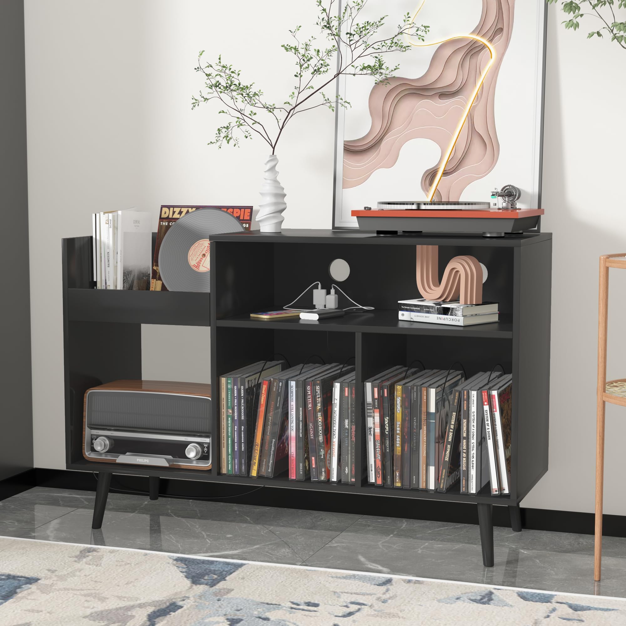 Mid Century Modern Record Player Stand with Charging Station & USB Ports - Vinyl Record Storage Cabinet Holds 350 Albums - Perfect for Living Room, Home Theater & Music Studio Decor