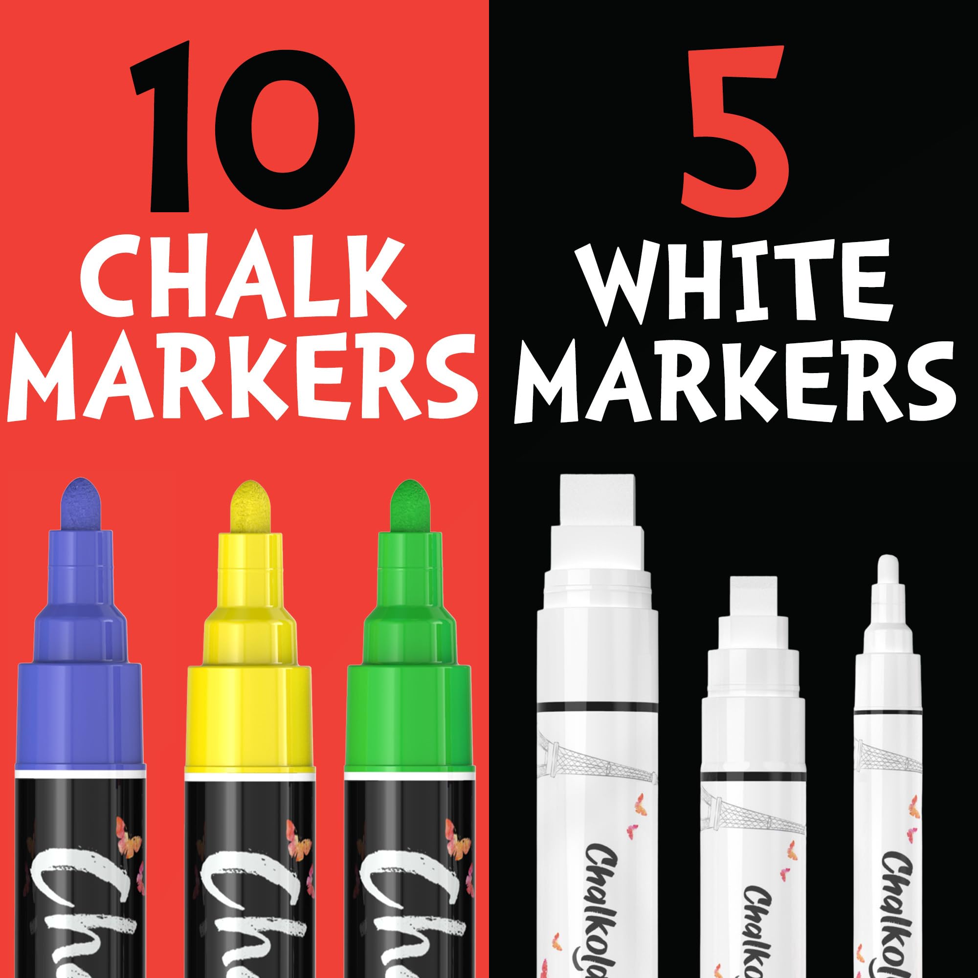 5 White & 10 Bold Color Chalk Markers Set - Perfect for Restaurants, Cafes, Signage & DIY Craft Projects