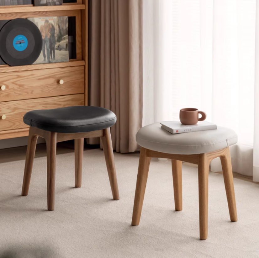 Solid Oak & Black Walnut Wood Makeup Stool - Durable Beauty Vanity Seat with Cushion for Bedroom, Dressing Room & Salon Use