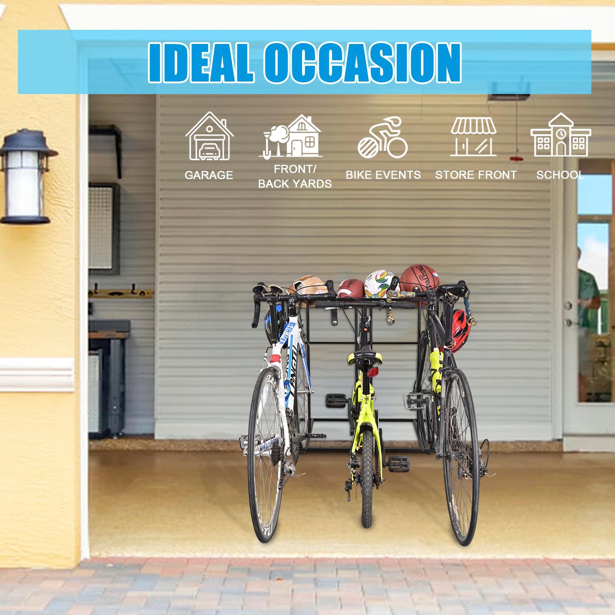 Mythinglogic 3-Bike Floor Parking Stand - Heavy Duty Free Standing Bike Rack for Garage Storage Organizer (Fits Adult & Kids Bicycles) - Perfect for Home, Garage, and Apartment Bike Organization