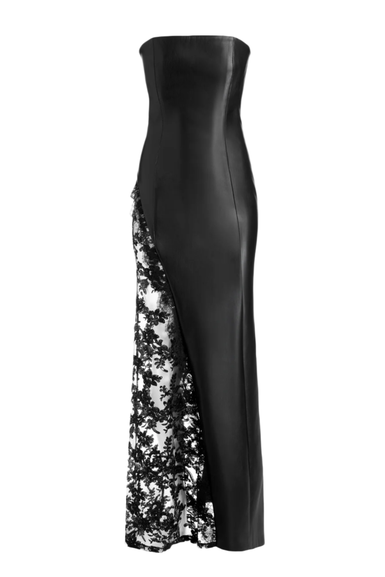 Elegant Strapless Lace Maxi Dress - Faux Leather Evening Gown for Women | Perfect for Weddings, Parties & Formal Events