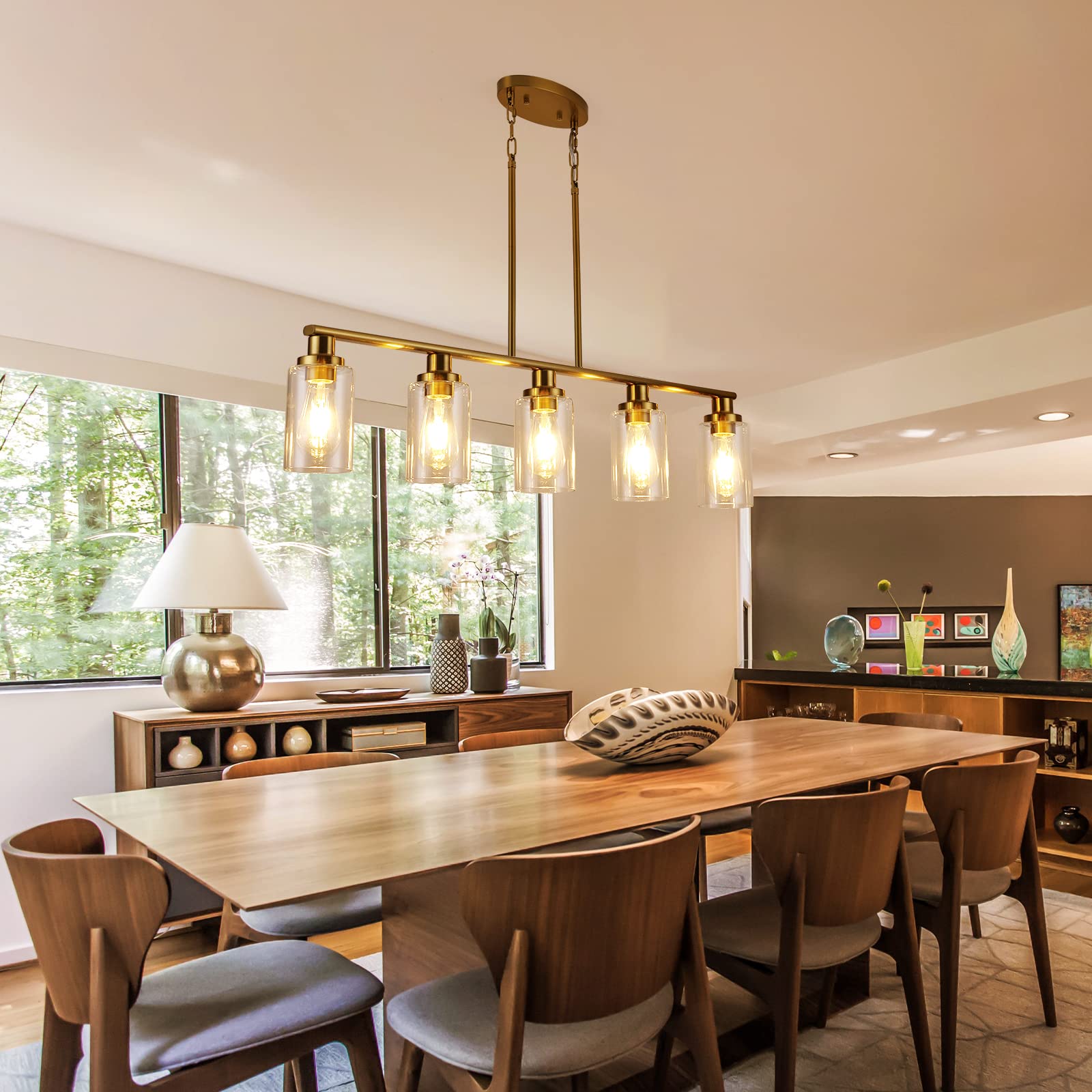 Modern 5-Light Kitchen Island Lighting - Gold Linear Farmhouse Chandelier with Clear Glass Shade for Dining Room & Breakfast Nook - Perfect Over Tables, Countertops and Kitchen Islands