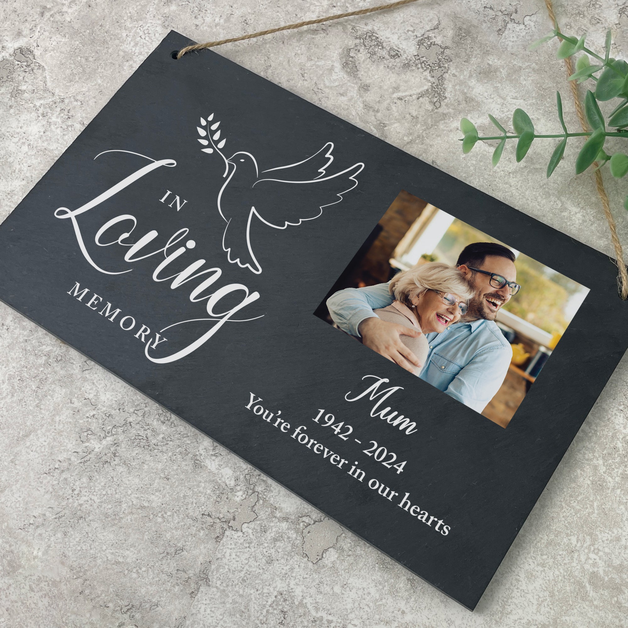 Personalized In Loving Memory Dove Photo Slate Hanging Plaque - 10x6 Inch Memorial Gift for Loss of Loved One - Perfect for Funeral, Graveside Decor & Sympathy Keepsake