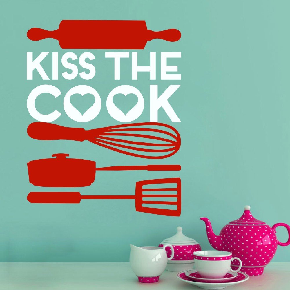 Kiss The Cook Vinyl Wall Decal - Kitchen Sign with Utensils (XL, Custom Colors) for Home Decor