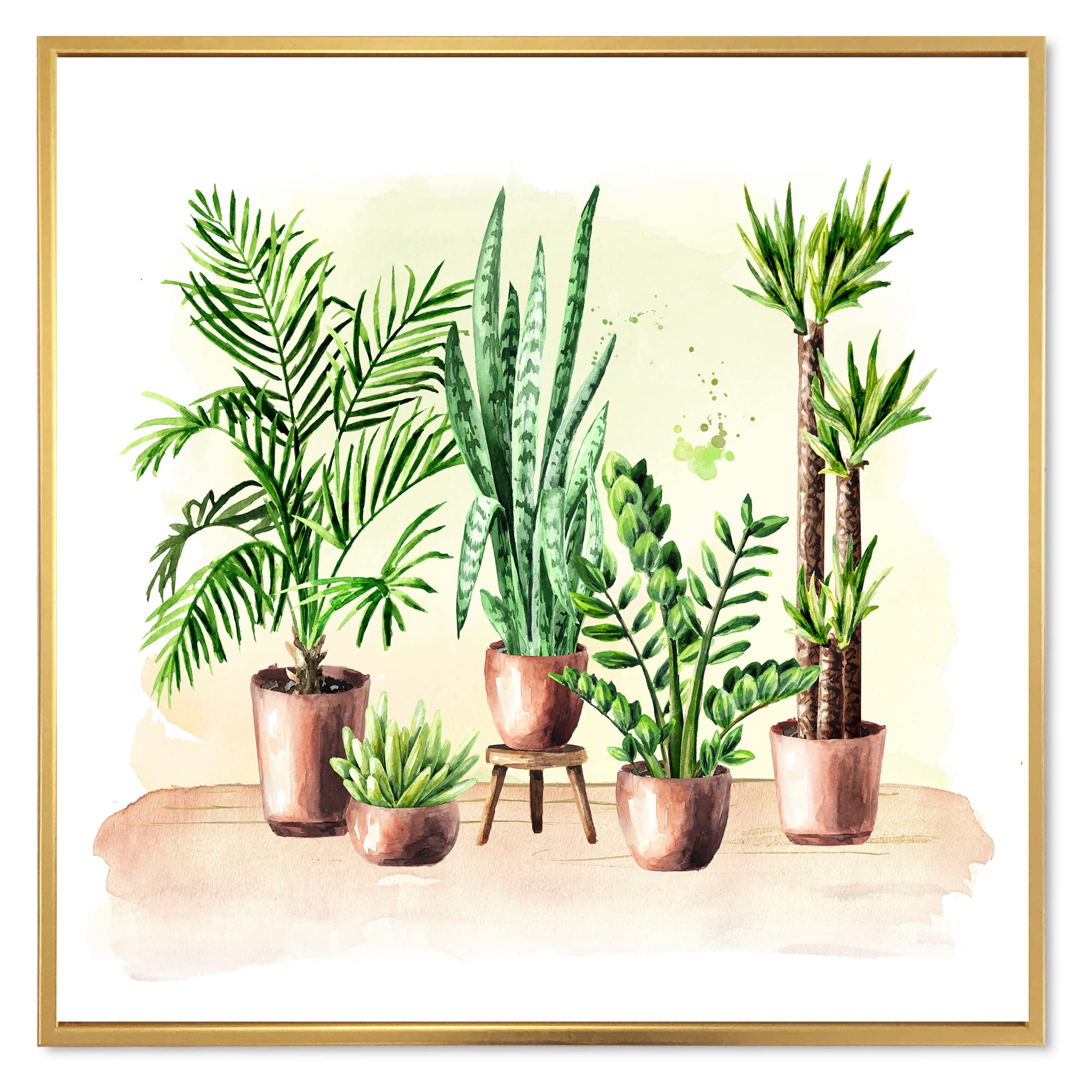 DesignQ Indoor Green Home House Plants I - Traditional Framed Canvas Wall Art Print | Botanical Wall Decor for Living Room, Bedroom & Office | Perfect Housewarming Gift for Plant Lovers