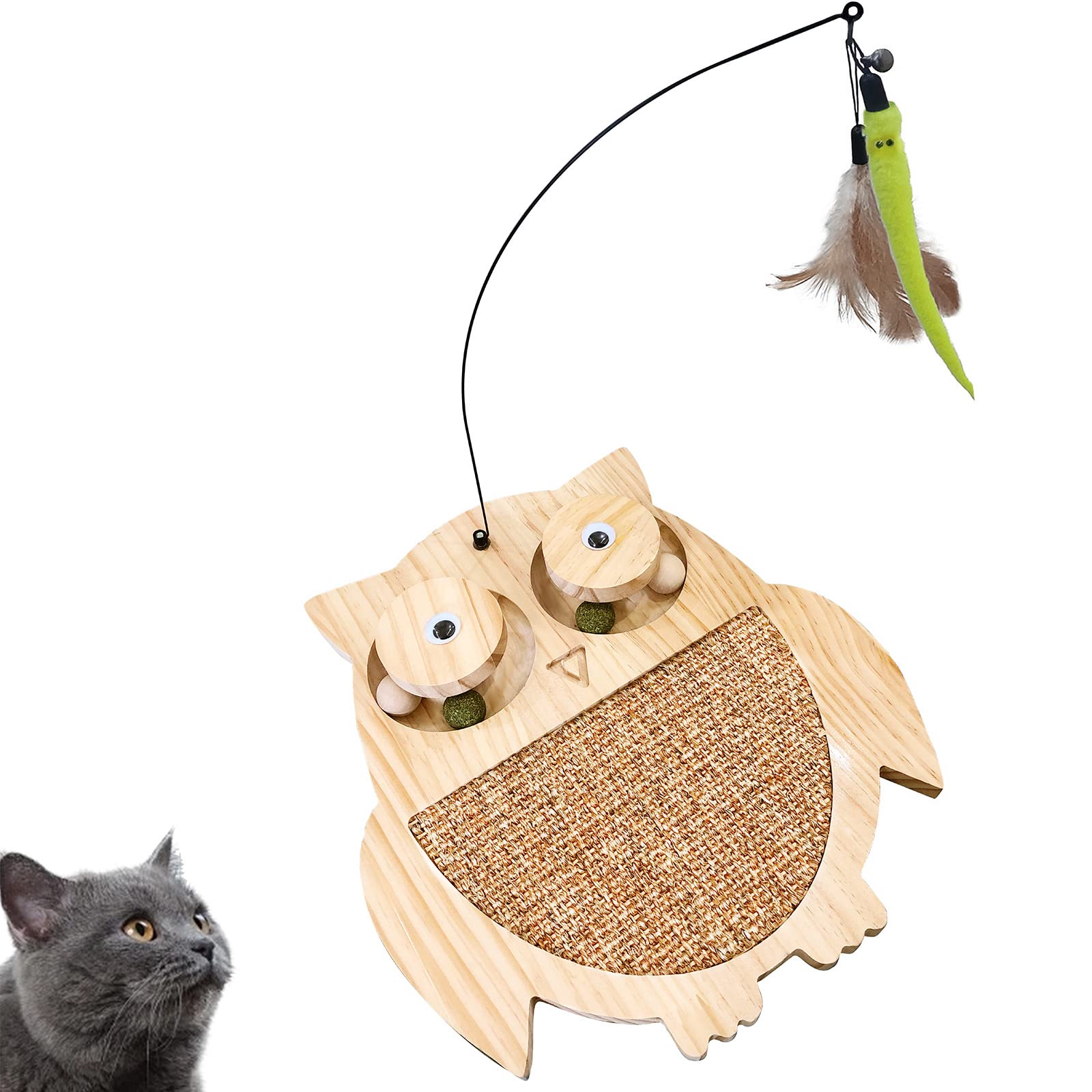 Interactive Cat Toy with Natural Sisal & Catnip Balls - Owl Design Cat Scratcher Pad & Roller Toy for Playful Kittens - Perfect for Indoor Play, Scratching & Exercise