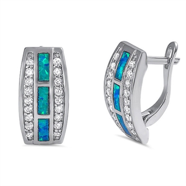 17mm Long Half Hoop Latch Back Blue Lab Australian Opal Earrings with Round Russian Clear Diamond CZ - 925 Sterling Silver Opal Jewelry for Women - Perfect Gift for Birthday, Anniversary & Special Occasions