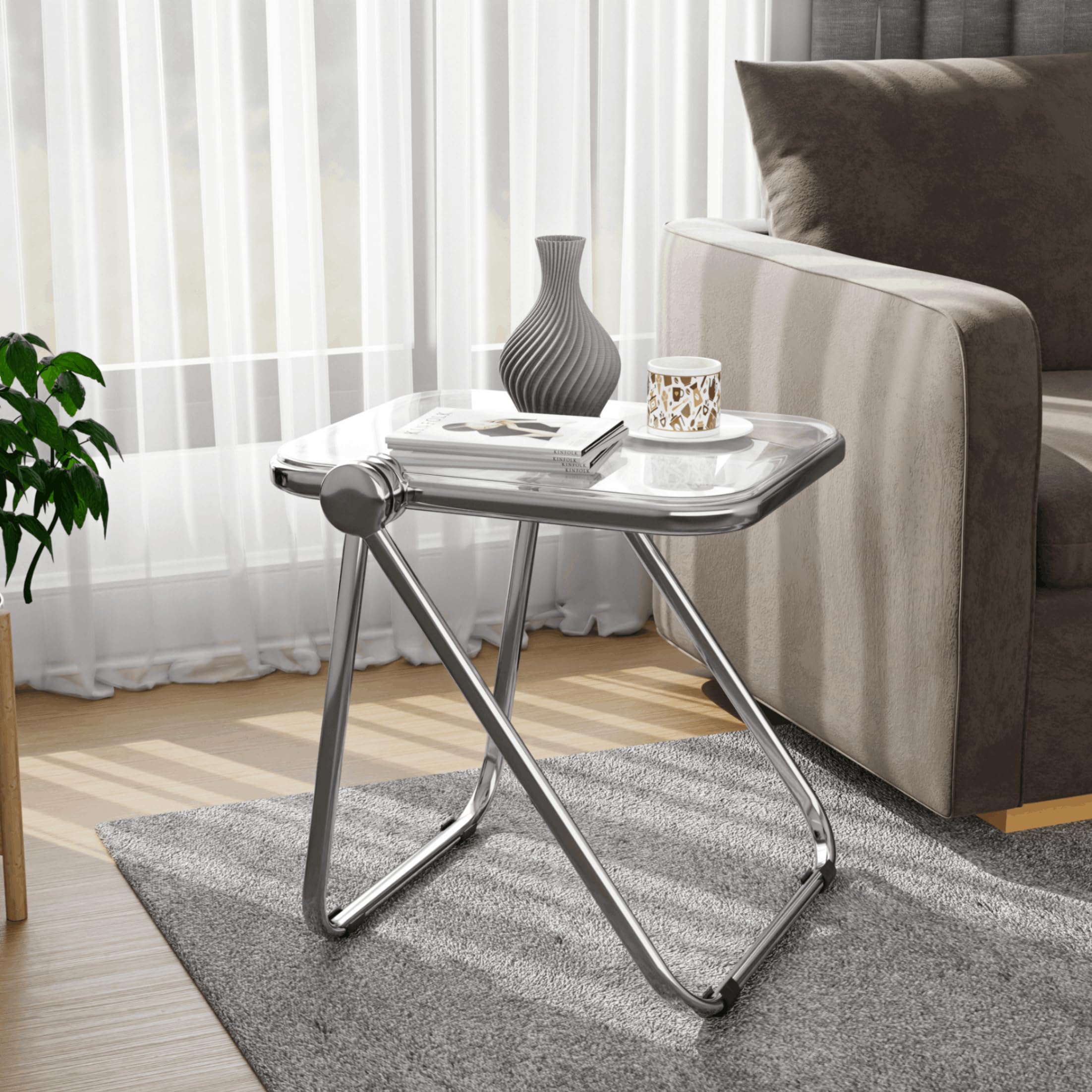 LeisureMod Lawrence Mid-Century Modern Rectangular Folding Side Table - Chrome Finish with Durable Plastic Tabletop & Sturdy Aluminum Frame - Perfect for Living Room, Bedroom, Office or Patio - Space-Saving & Stylish Home Decor