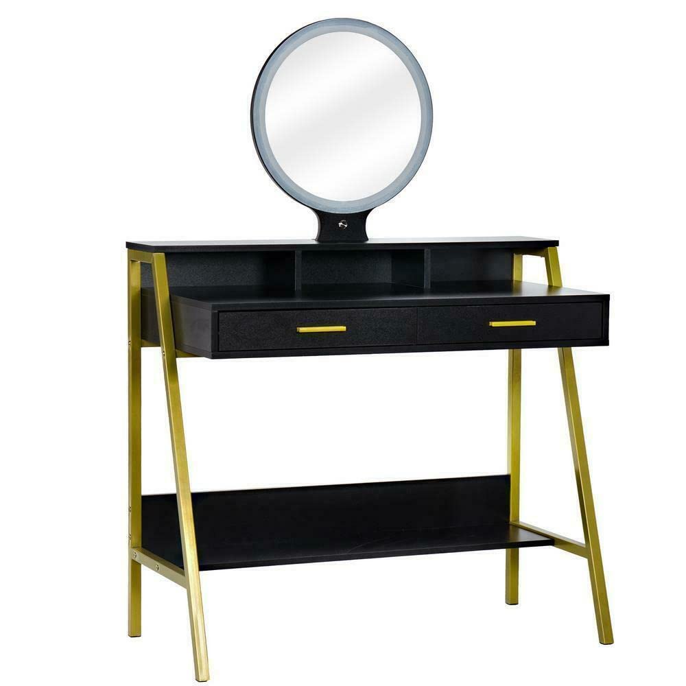 White LED Lighted Makeup Vanity Desk Set with 2 Jewelry Drawers & Round Mirror - Elegant Bedroom & Bathroom Vanity Furniture for Women, Perfect for Makeup Application and Jewelry Organization