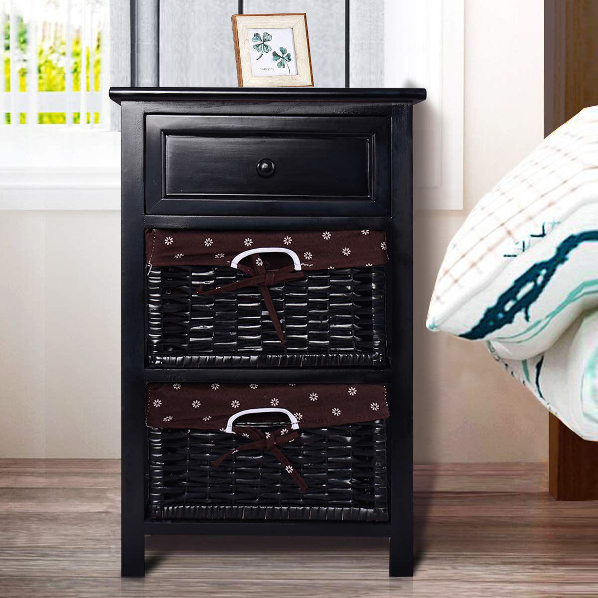 Giantex 3-Tier Wooden Nightstand with 2 Baskets & 1 Drawer - Bedside Table with Storage Organizer for Bedroom, Living Room, Home - End Table for Sofa, Small Space Furniture (Black) - Perfect for Apartment, Dorm, Guest Room & Modern Home Decor
