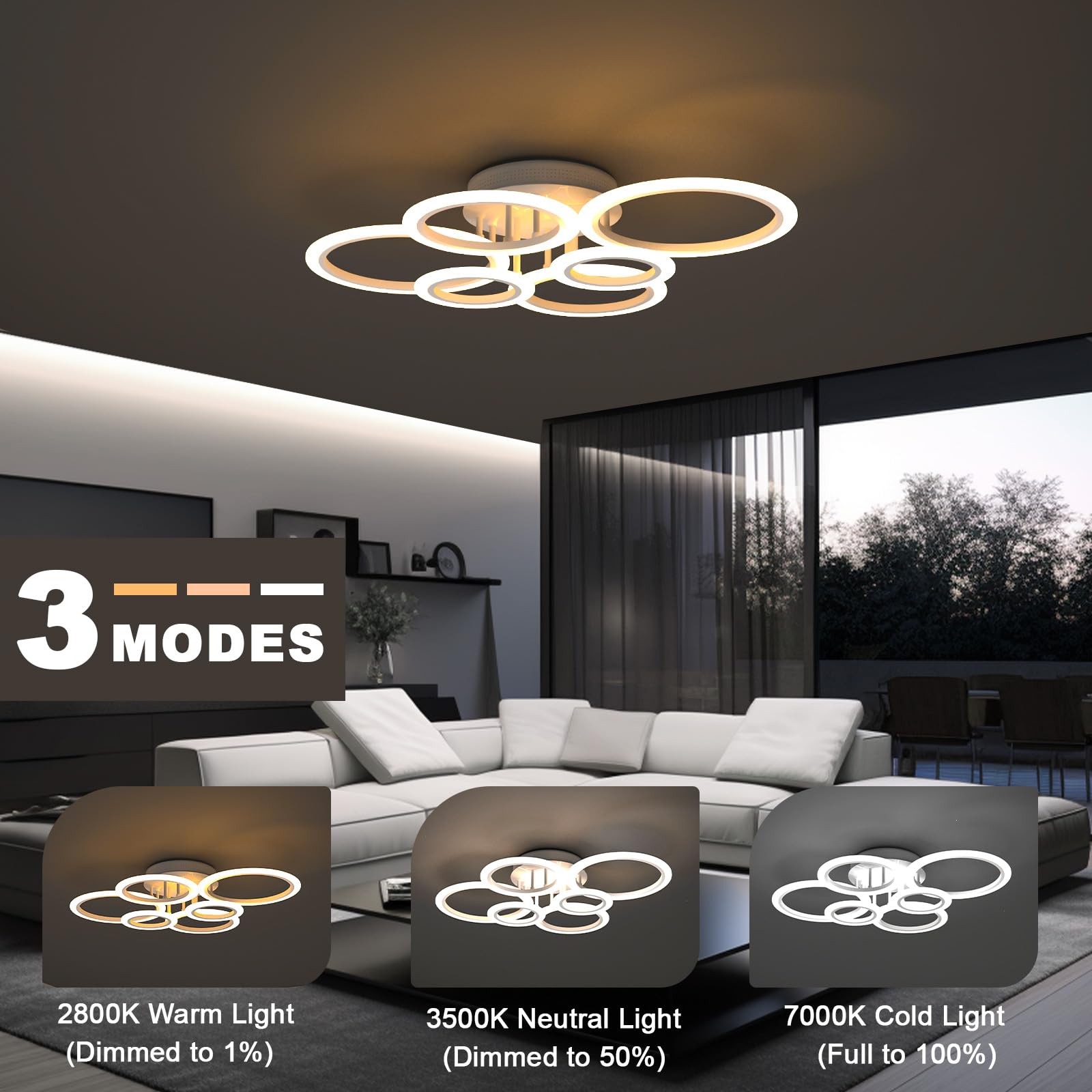 Modern LED Flush Mount Chandelier - 6 Ring Acrylic Ceiling Light 72W 6400LM with Remote Control, Dimmable 2800K-7000K for Living Room, Bedroom, Bathroom | Energy-Efficient Home Lighting for Dining Areas, Hallways & Office Spaces