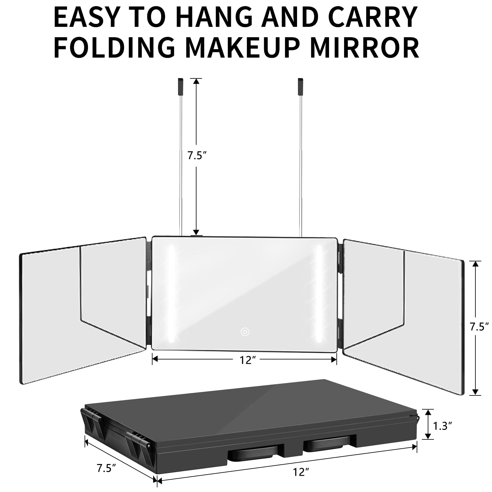 360° LED Lighted Trifold Mirror for Hair Cutting, Makeup & Styling - Rechargeable 3-Way Barber Mirror with Adjustable Angles, Perfect for Home Salon, Professional Styling & Unique Gifts for Men/Women